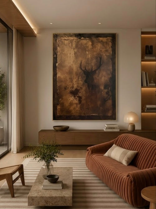 Hand-painted rustic deer silhouette wall art featuring textured brown and copper tones on canvas, wildlife-inspired artwork for living room, lodge, cabin, and farmhouse decor.