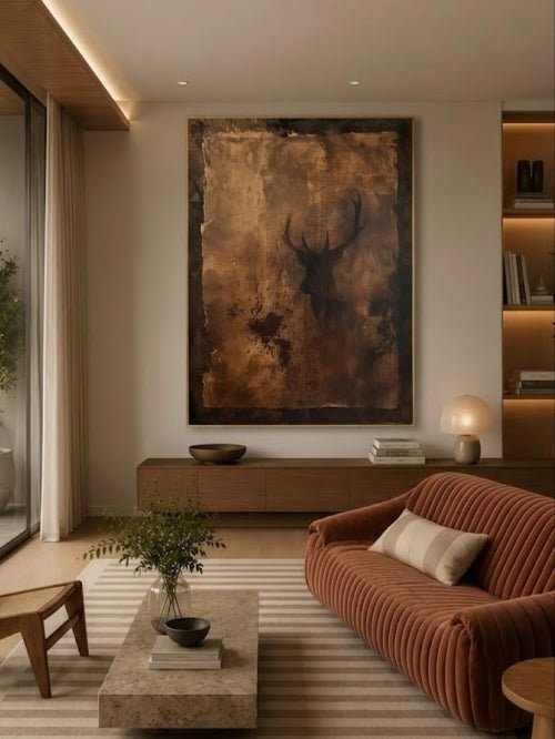 Hand-painted rustic deer silhouette wall art featuring textured brown and copper tones on canvas, wildlife-inspired artwork for living room, lodge, cabin, and farmhouse decor.