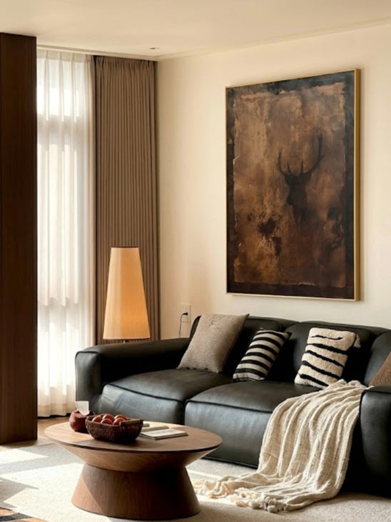 Hand-painted rustic deer silhouette wall art featuring textured brown and copper tones on canvas, wildlife-inspired artwork for living room, lodge, cabin, and farmhouse decor.