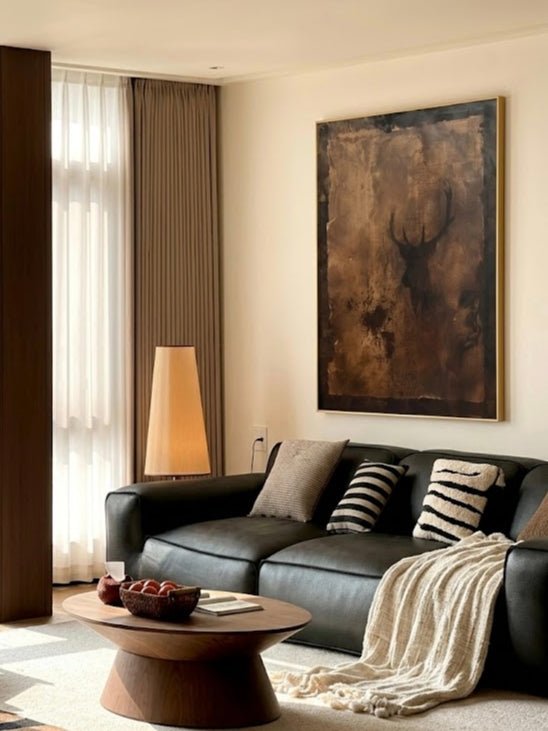 Hand-painted rustic deer silhouette wall art featuring textured brown and copper tones on canvas, wildlife-inspired artwork for living room, lodge, cabin, and farmhouse decor.
