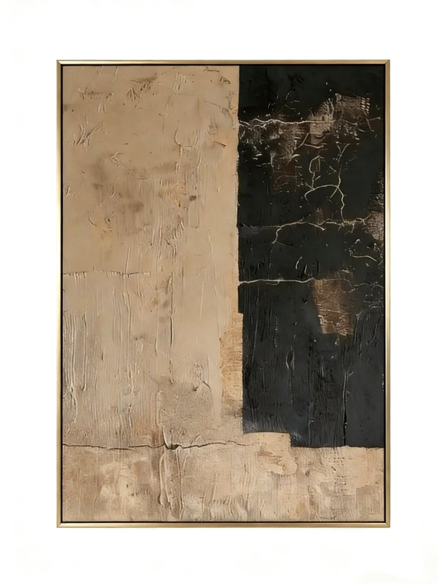 Large vertical hand-painted abstract painting with black and beige color blocks and heavy texture by Akari Kobayashi in a modern living room.