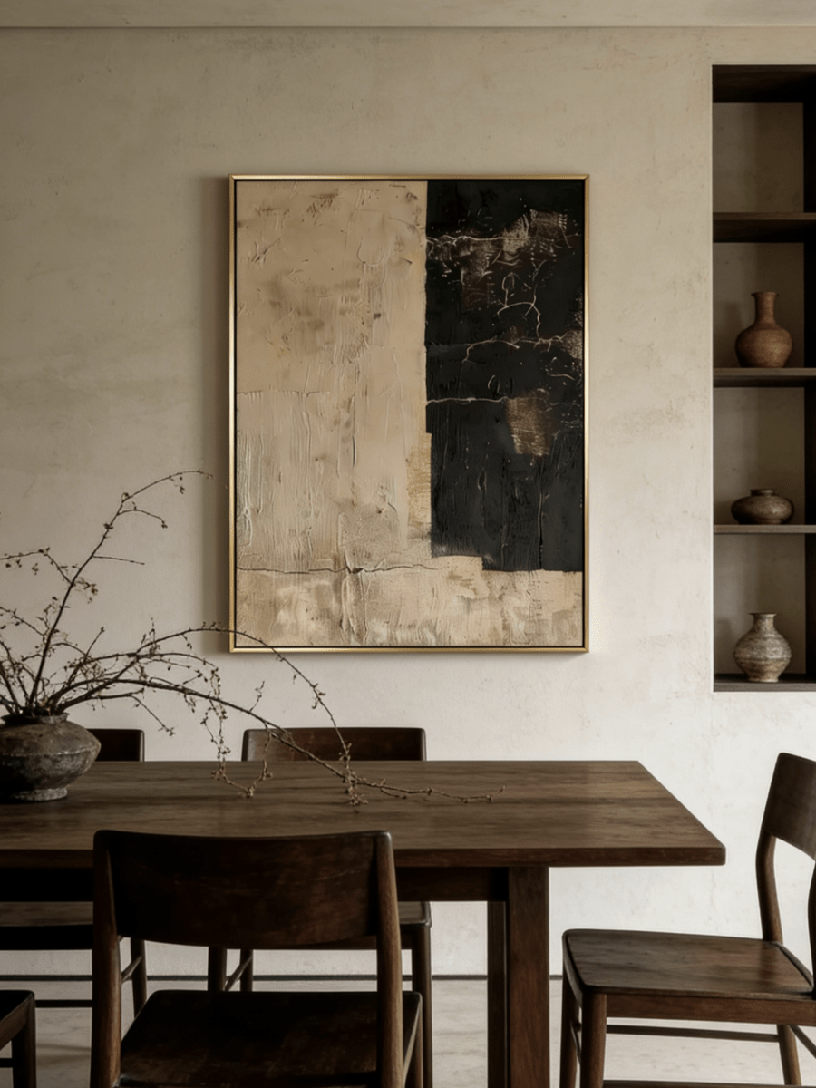 Large vertical hand-painted abstract painting with black and beige color blocks and heavy texture by Akari Kobayashi in a modern living room.