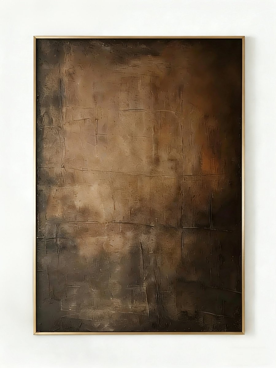 Close-up of vertical hand-painted 3D textured abstract painting with amber, brown, and charcoal impasto layers by Akari Kobayashi in a gold frame.