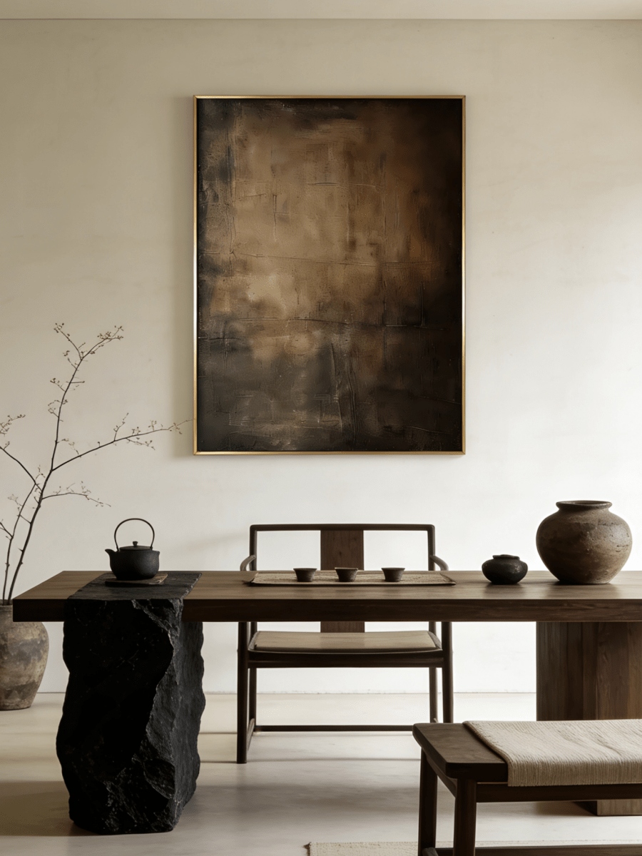 Close-up of vertical hand-painted 3D textured abstract painting with amber, brown, and charcoal impasto layers by Akari Kobayashi in a gold frame.