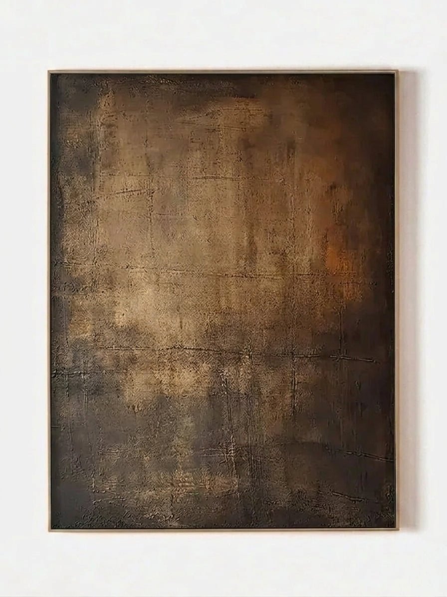 Close-up of vertical hand-painted 3D textured abstract painting with amber, brown, and charcoal impasto layers by Akari Kobayashi in a gold frame.