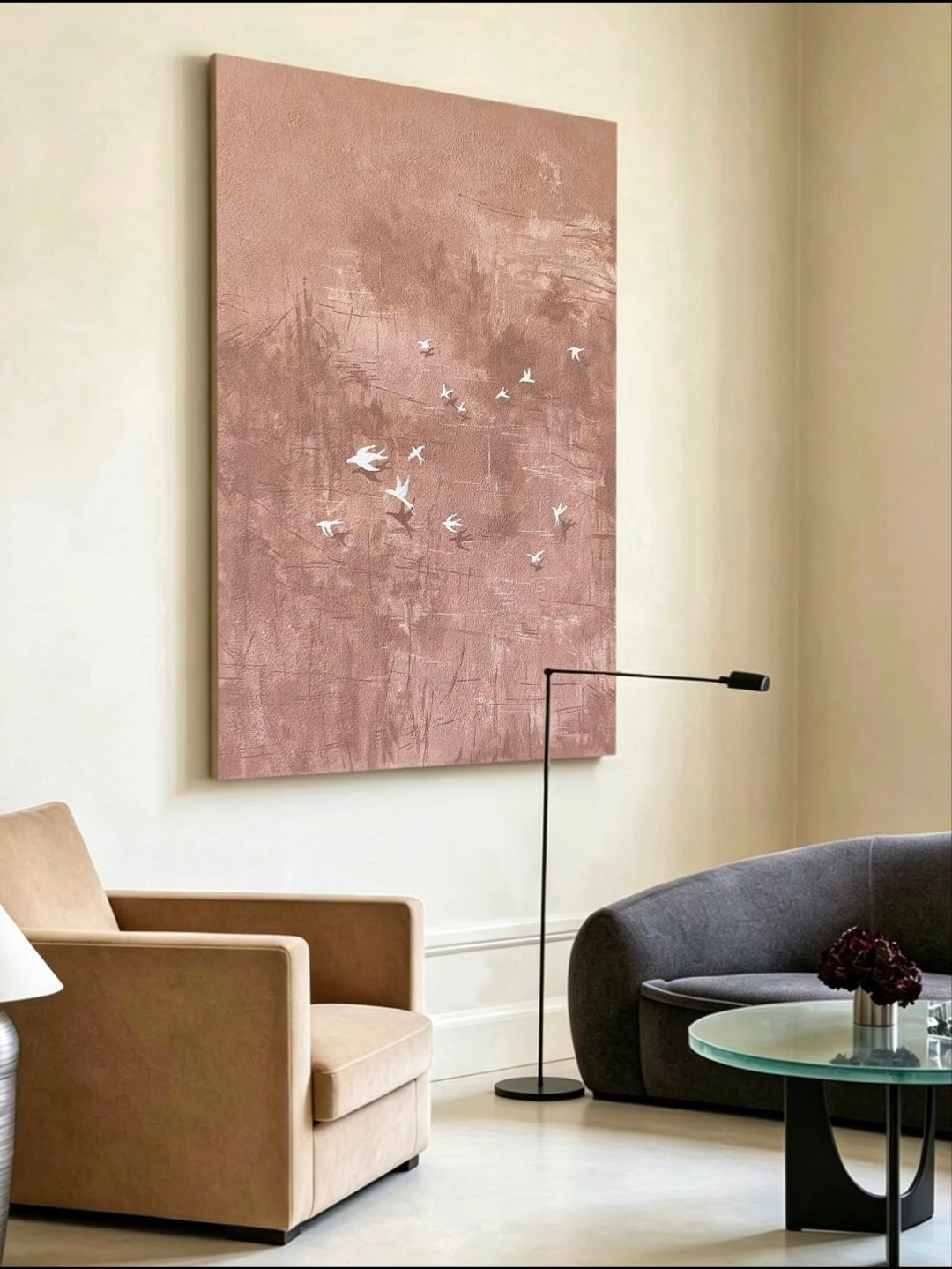 Hand-painted abstract bird wall art featuring white birds in flight over a textured blush pink and taupe background, contemporary canvas artwork for modern living room and bedroom decor.
