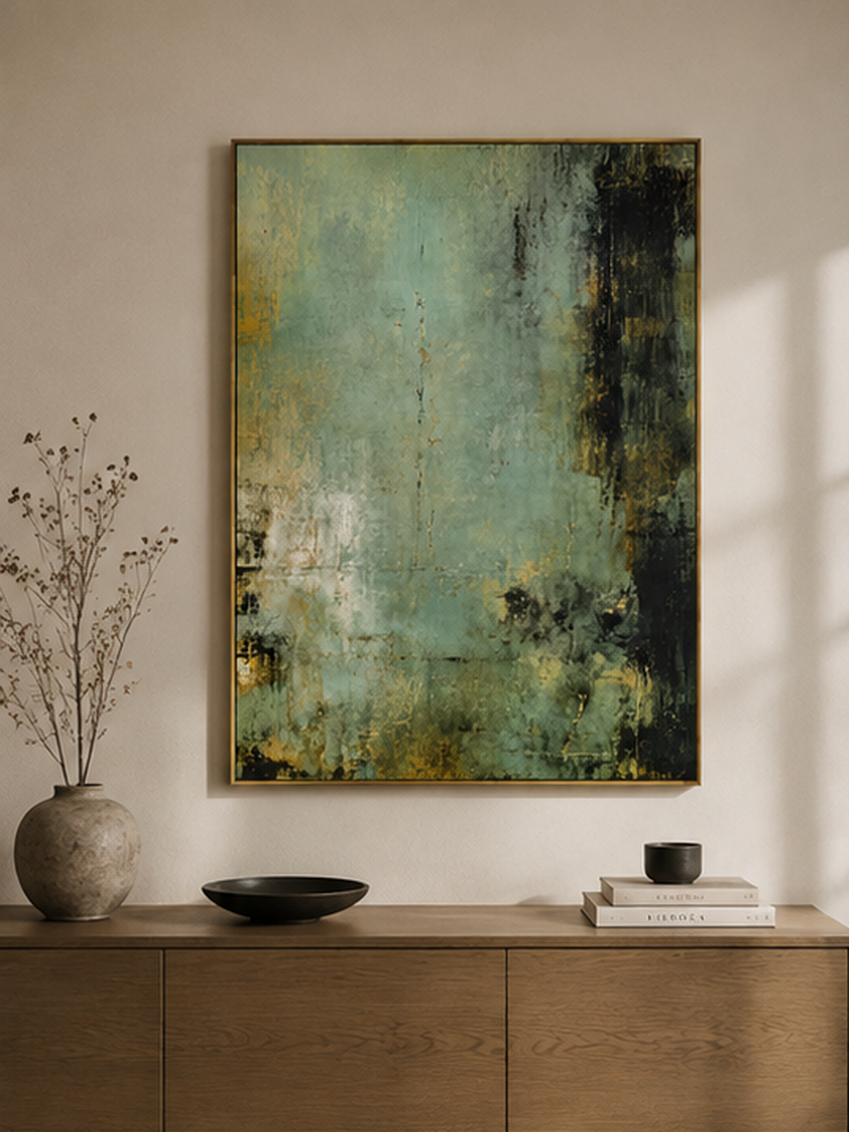 Vertical sage green and black abstract painting displayed above a wood console in an organic modern entryway