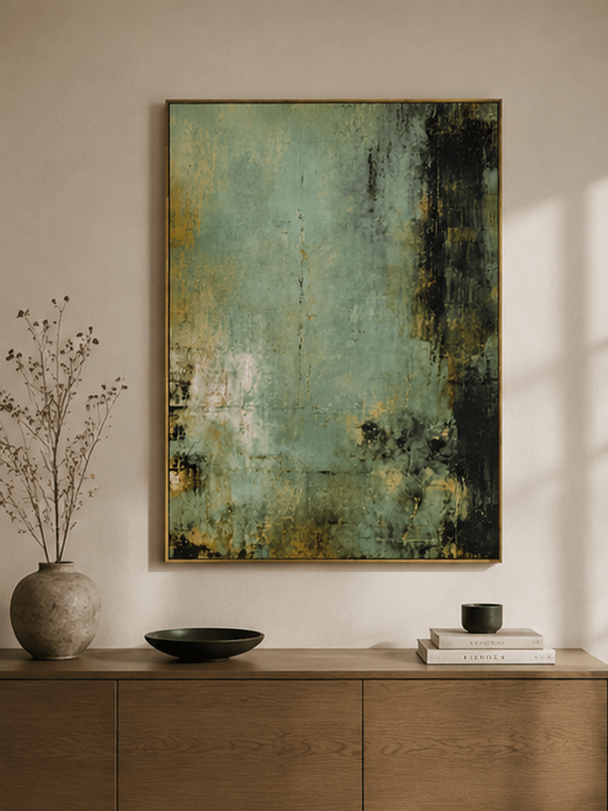 Vertical sage green and black abstract painting displayed above a wood console in an organic modern entryway