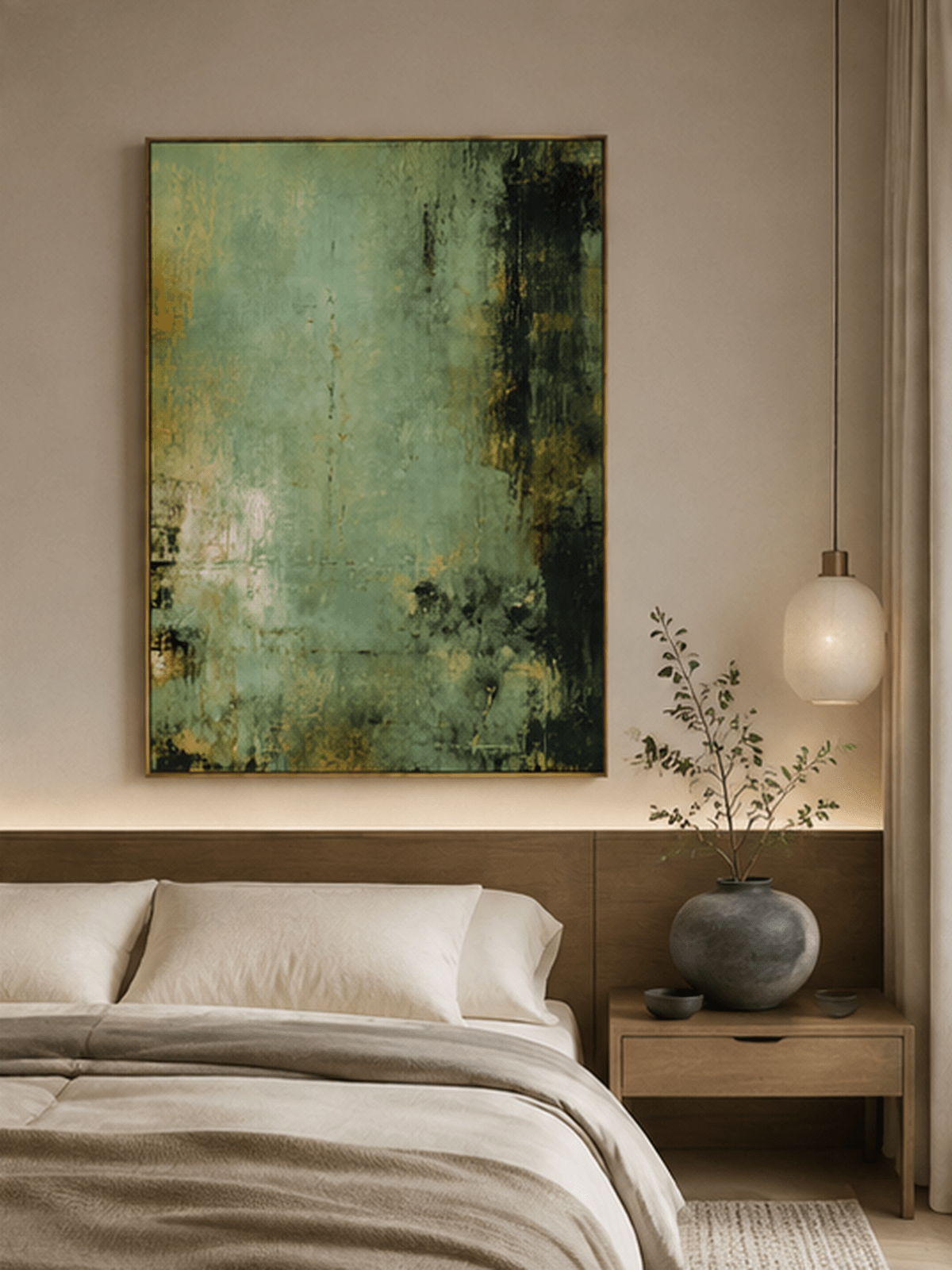 Muted green abstract wall art displayed above the bed in a calm contemporary neutral bedroom