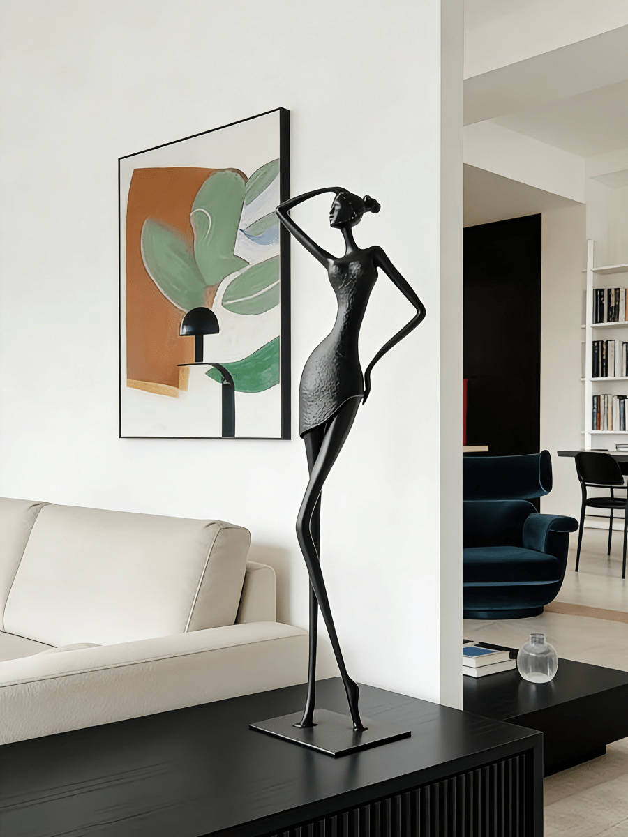 abstract female figure sculpture, 48cm tall matte black metal lady statuette for modern home decor