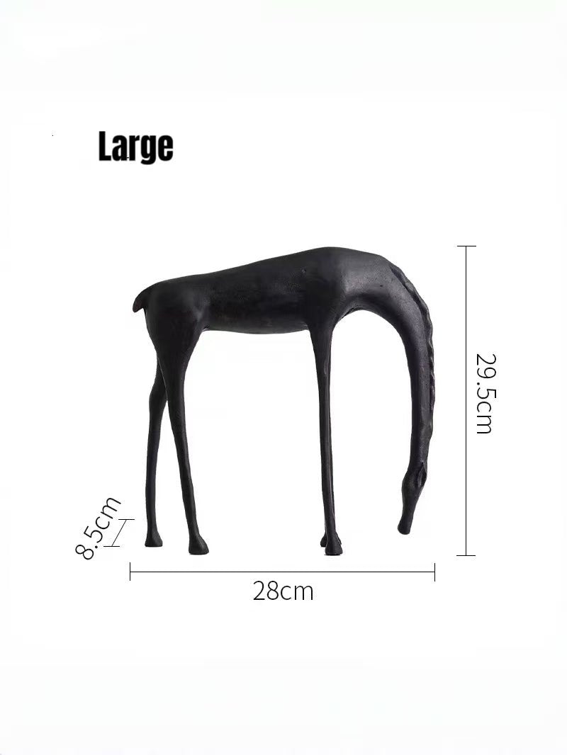 minimalist matte black metal horse sculpture standing on black decorative books, modern Nordic shelf decor