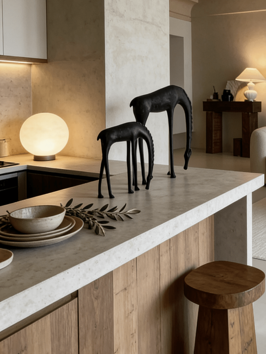 Modern minimalist drinking horse sculpture in matte black metal– elegant home decor for shelf, console, or desk styling