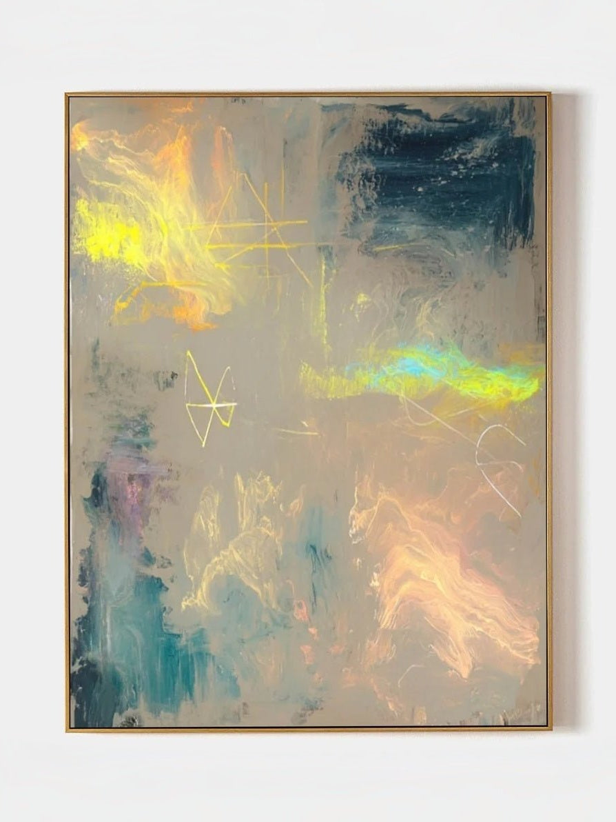 Hand-painted vertical abstract canvas with neon yellow, teal, blush and navy gestures on a soft neutral ground