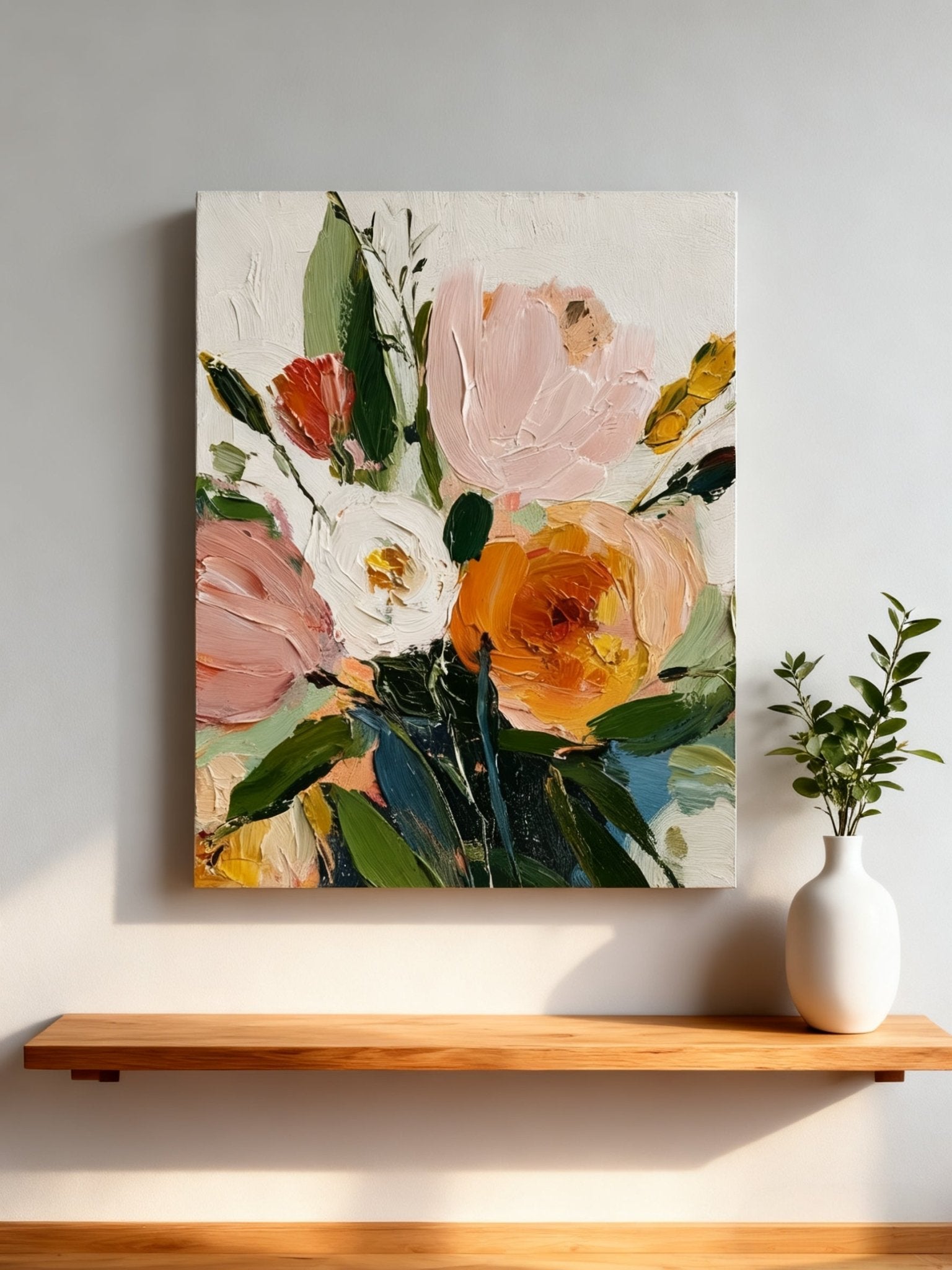impasto floral painting – vibrant textured flowers in pink, orange and yellow, joyful wall art for kitchen or dining room