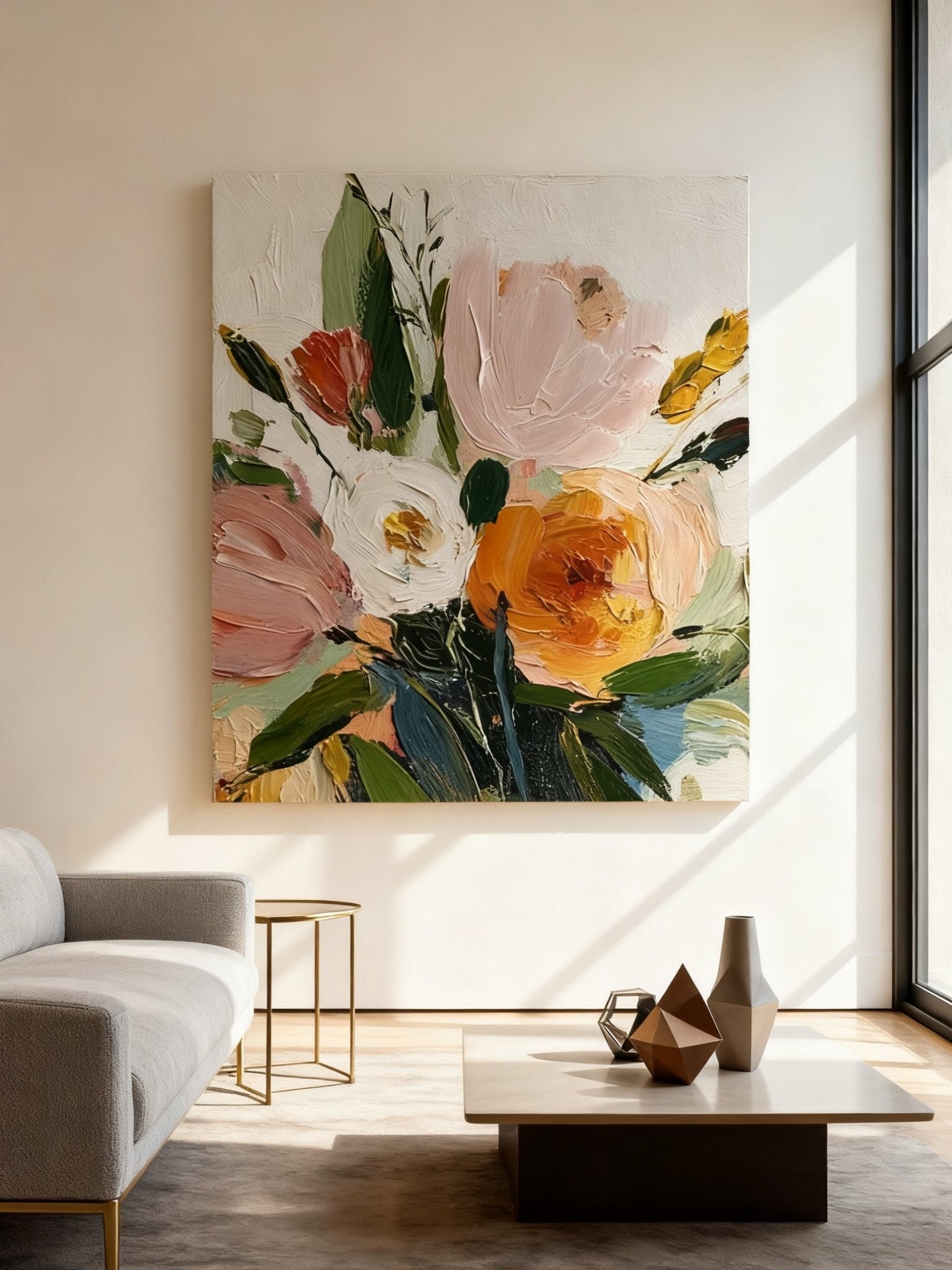 impasto floral painting – vibrant textured flowers in pink, orange and yellow, joyful wall art for kitchen or dining room