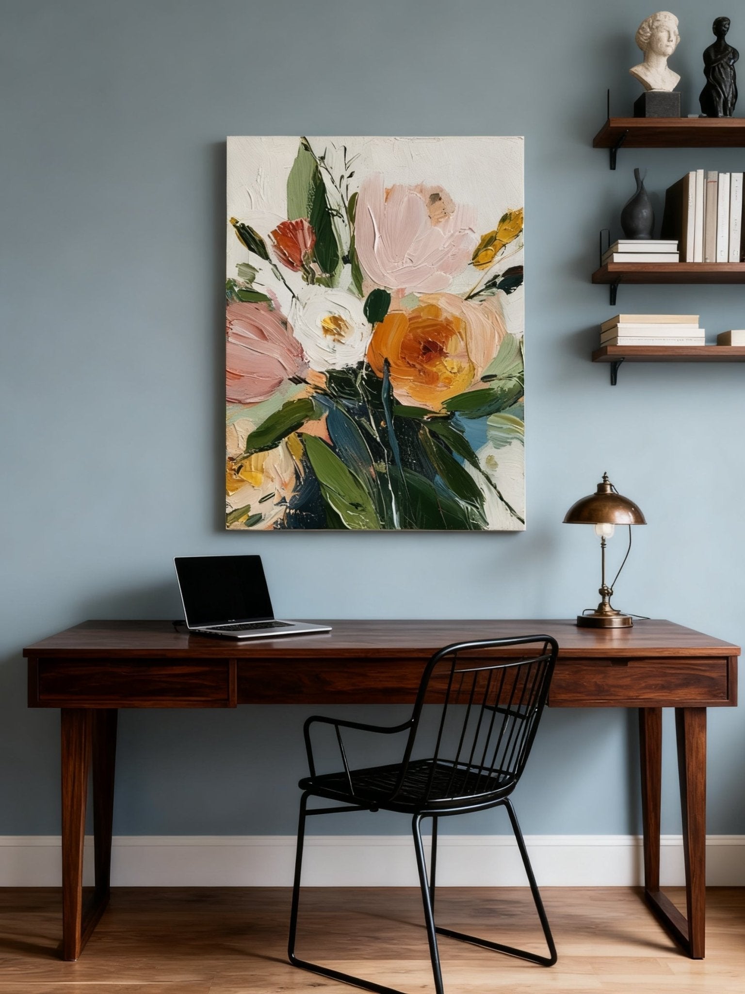 impasto floral painting – vibrant textured flowers in pink, orange and yellow, joyful wall art for kitchen or dining room