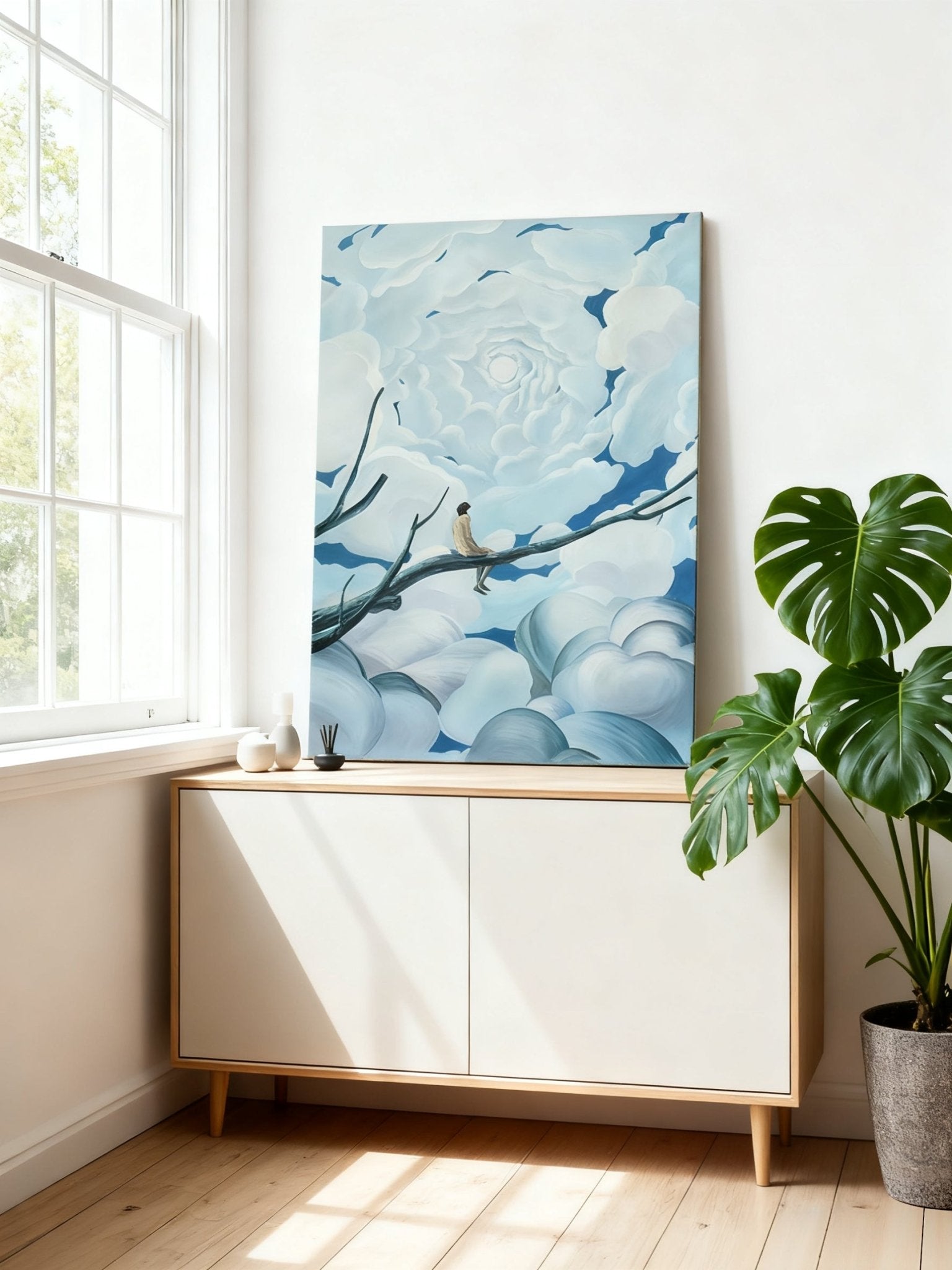 Whimsical tree and sky wall art displayed in modern living room, creating dreamy home decor atmosphere