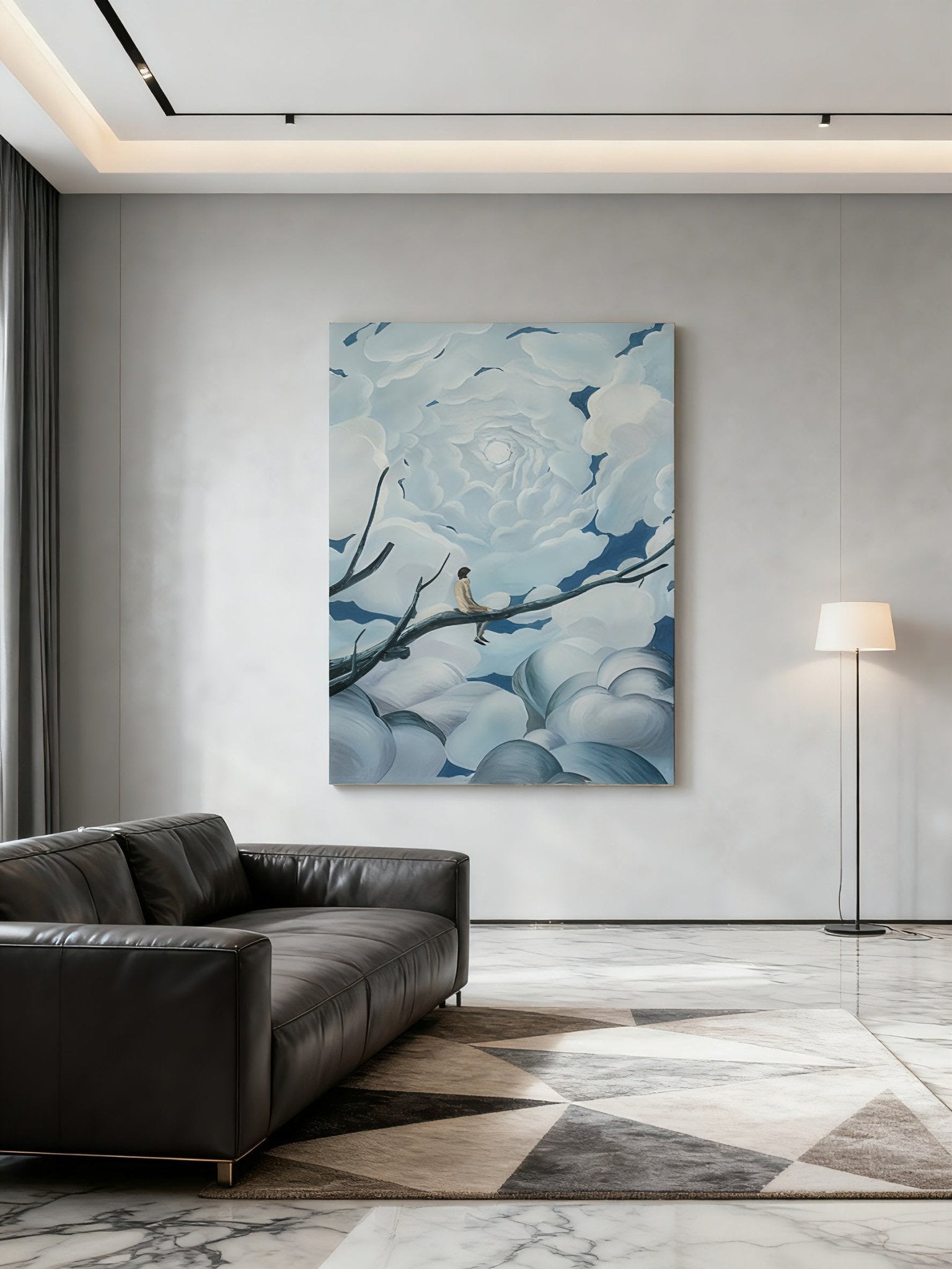 Whimsical tree and sky wall art displayed in modern living room, creating dreamy home decor atmosphere