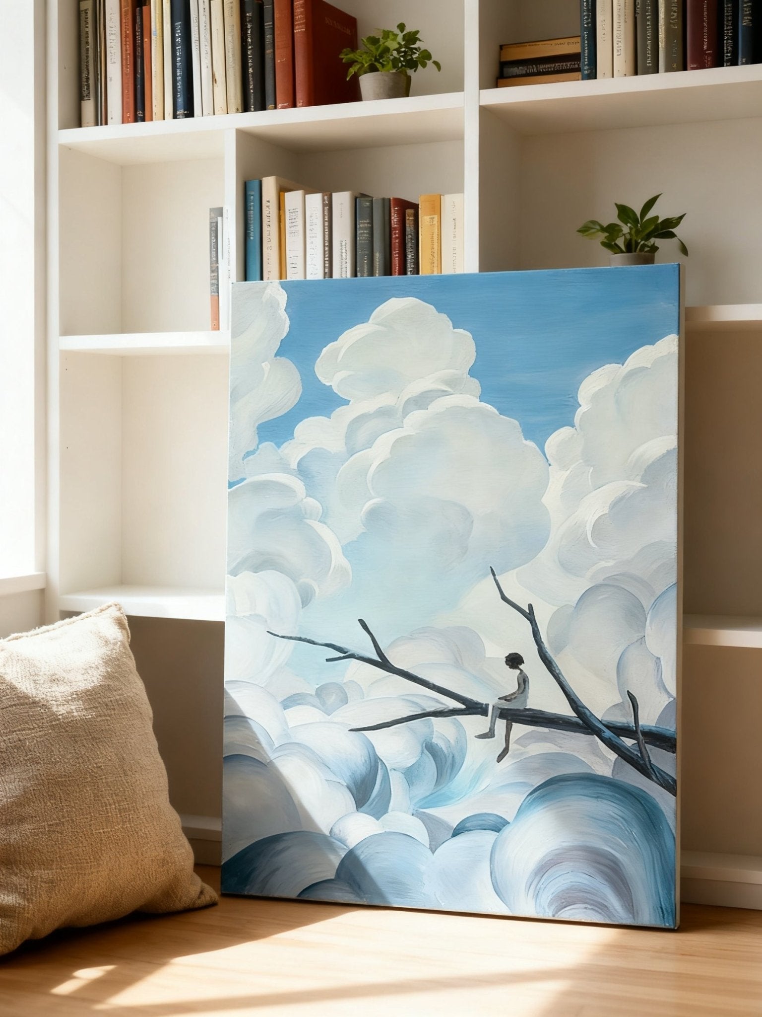 Modern abstract dreamy tree and heart clouds diptych canvas art displayed on a living room wall