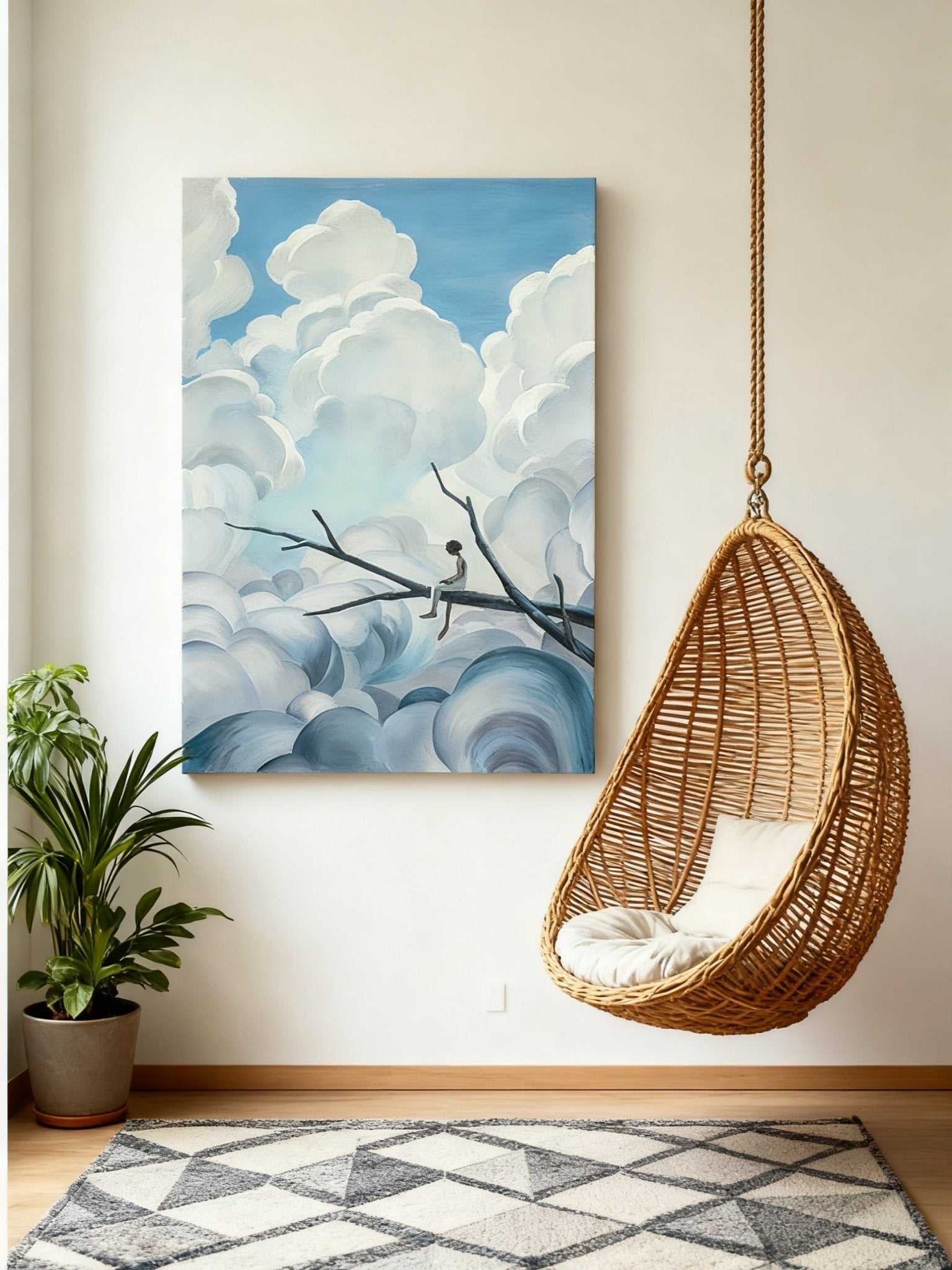 Dreamy heart cloud and tree silhouette wall art displayed in a modern living room, creating a whimsical home decor atmosphere.