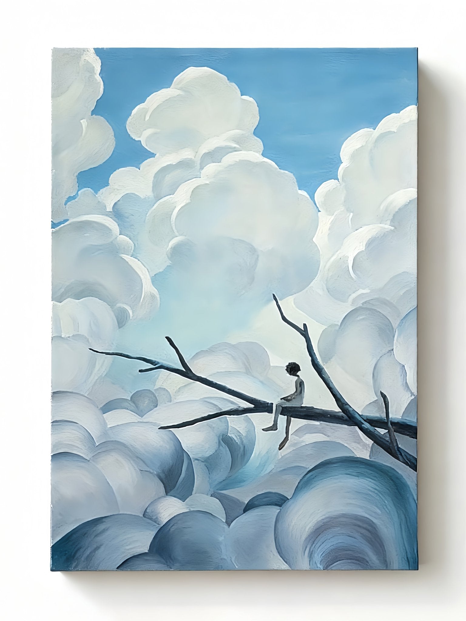 Hand-painted abstract oil painting of a person sitting on a tree branch with heart-shaped clouds against a blue sky, dreamy wall art.