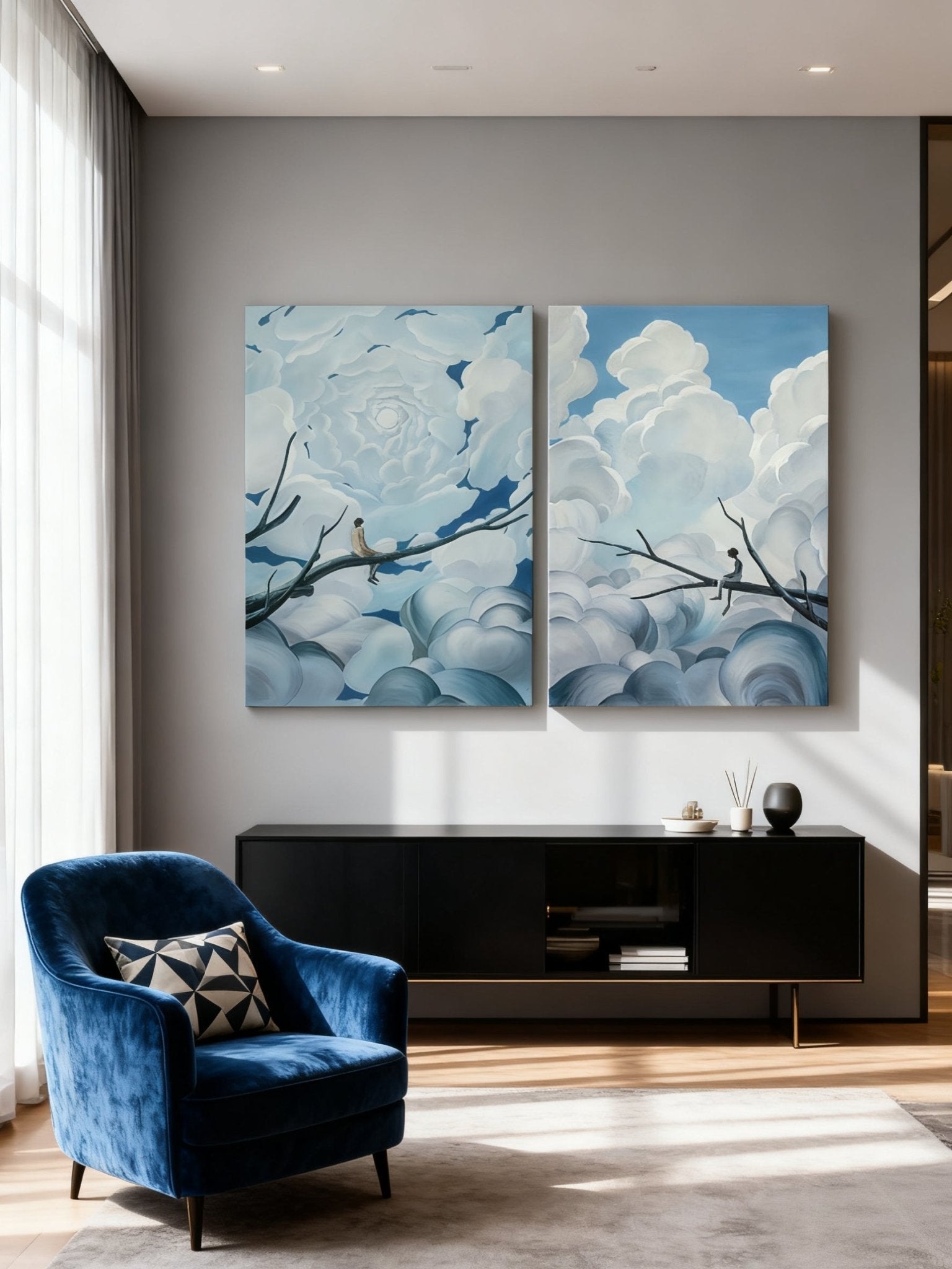 Modern abstract dreamy tree and heart clouds diptych canvas art displayed on a living room wall