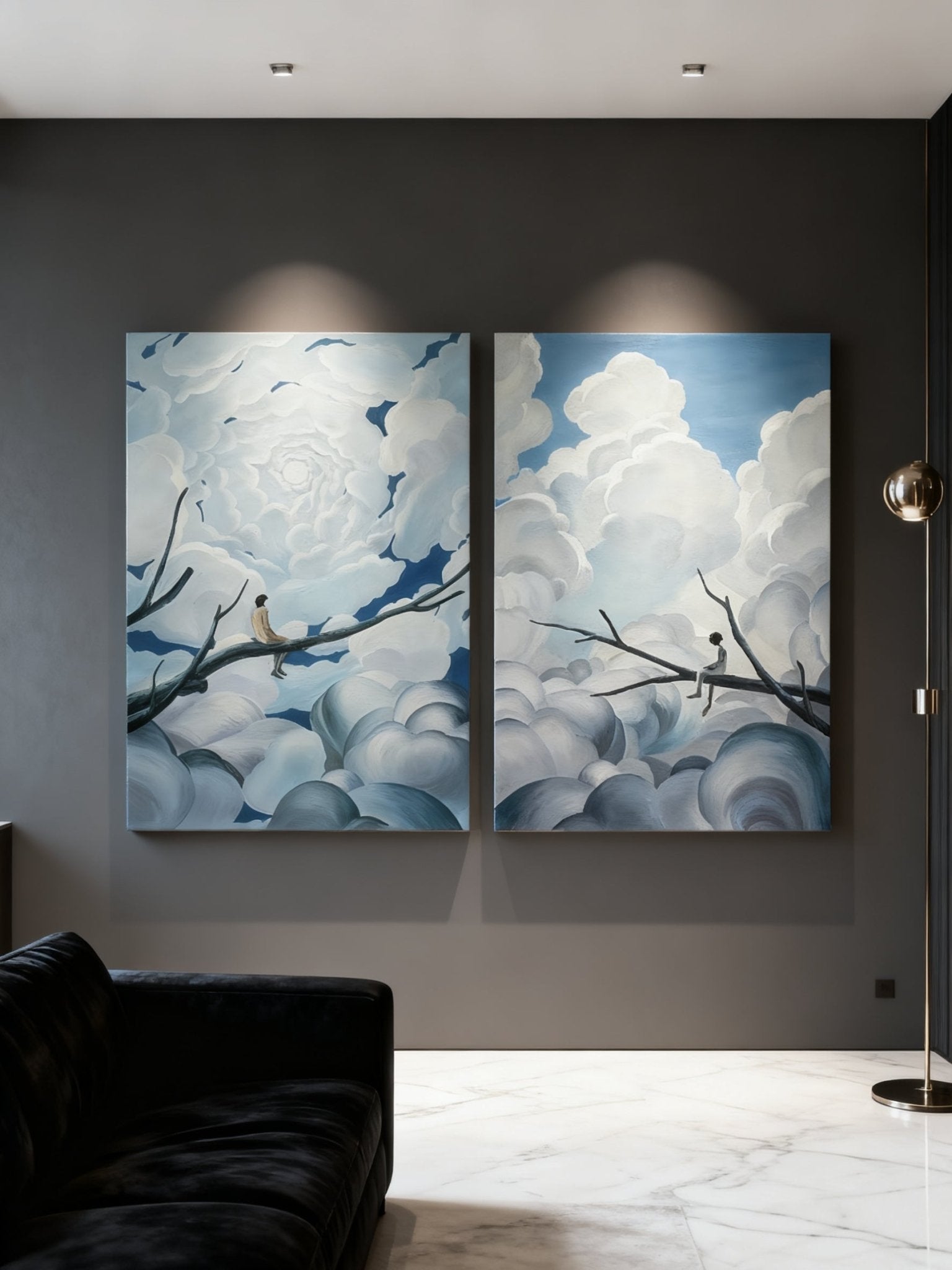 Modern abstract dreamy tree and heart clouds diptych canvas art displayed on a living room wall
