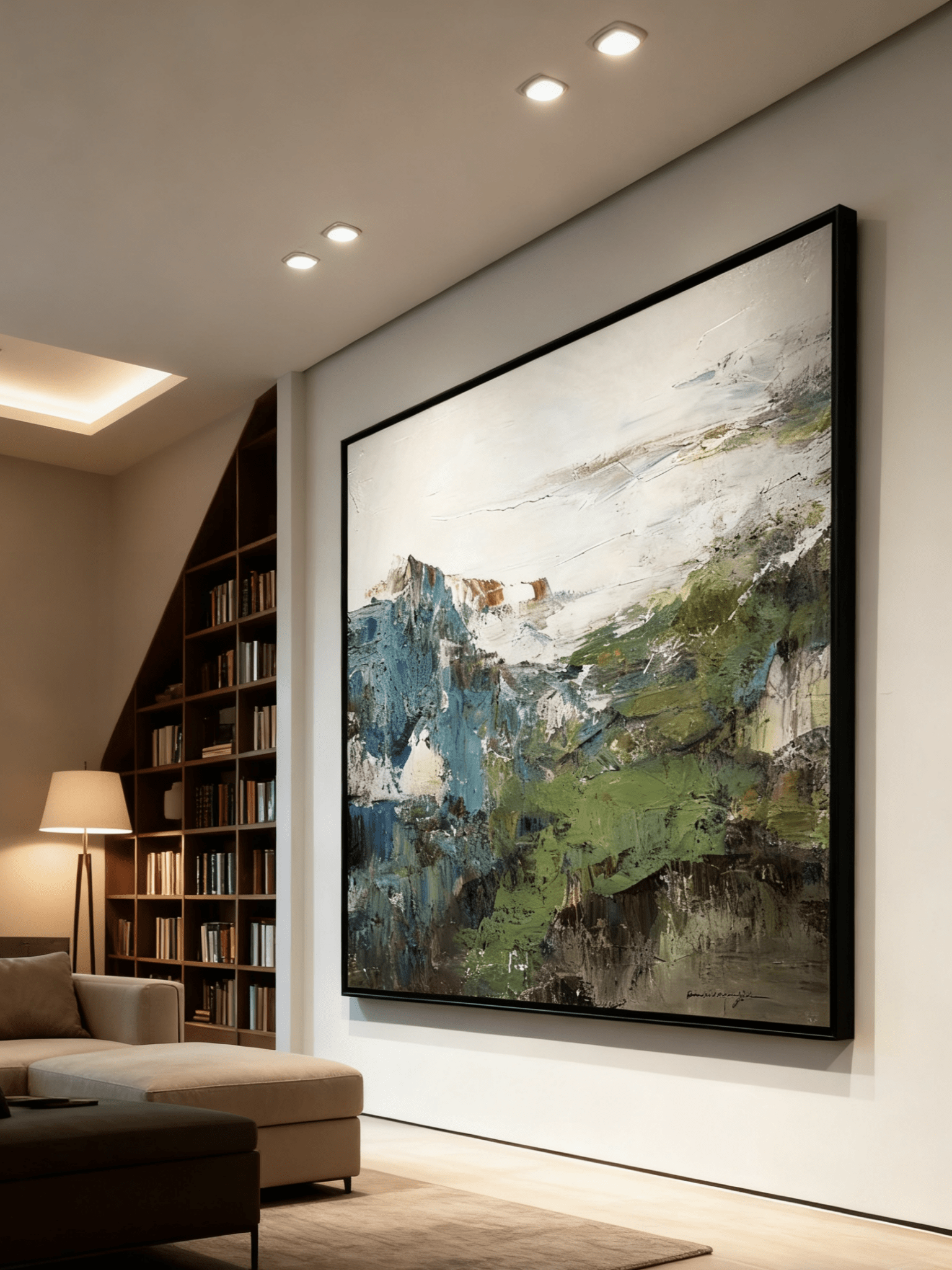 Close-up detail showing thick impasto texture in mountain landscape painting, hand-painted brushstrokes