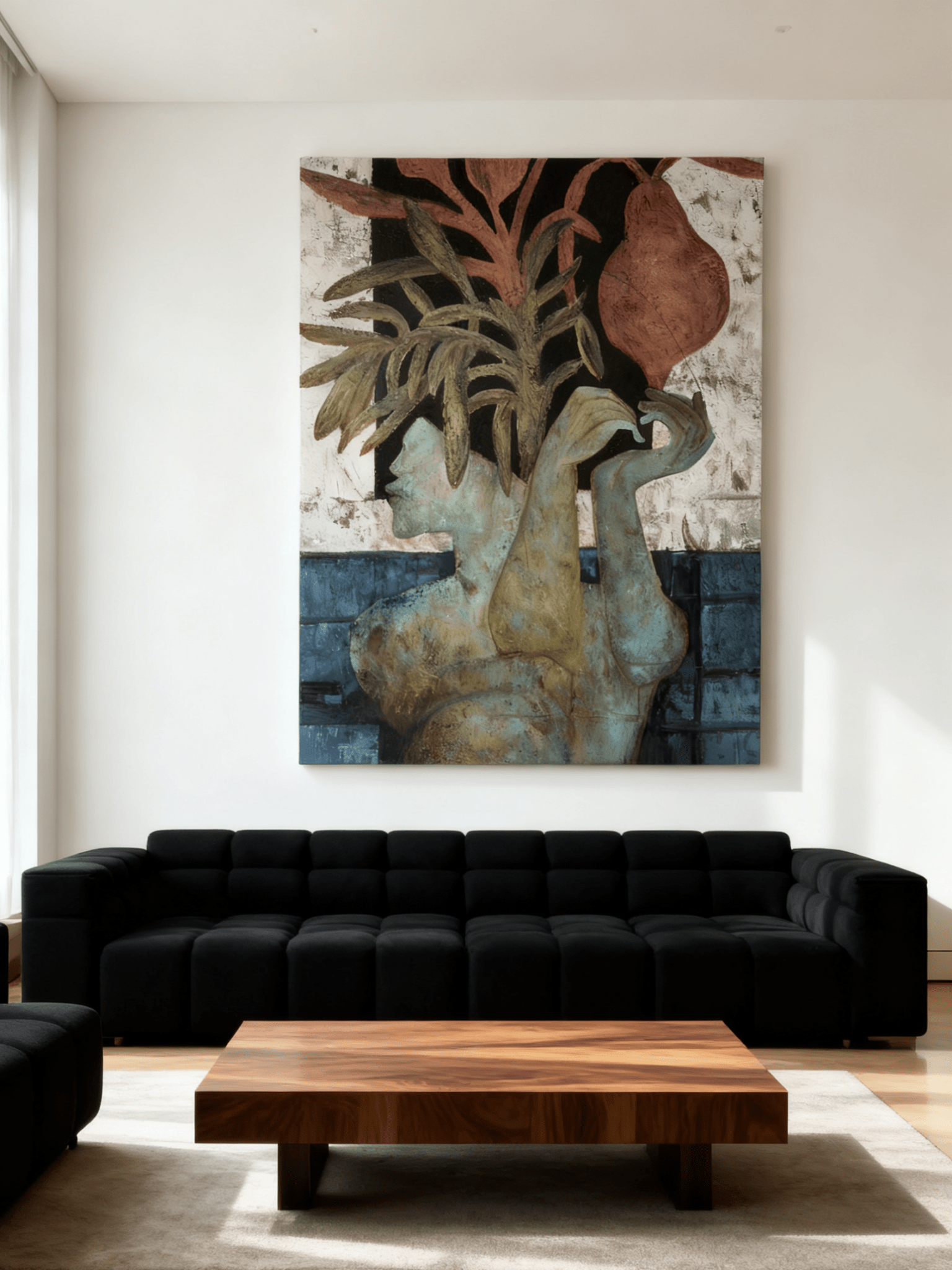 Close-up texture detail of fruitful plants in native woman abstract painting, hand-painted impasto technique