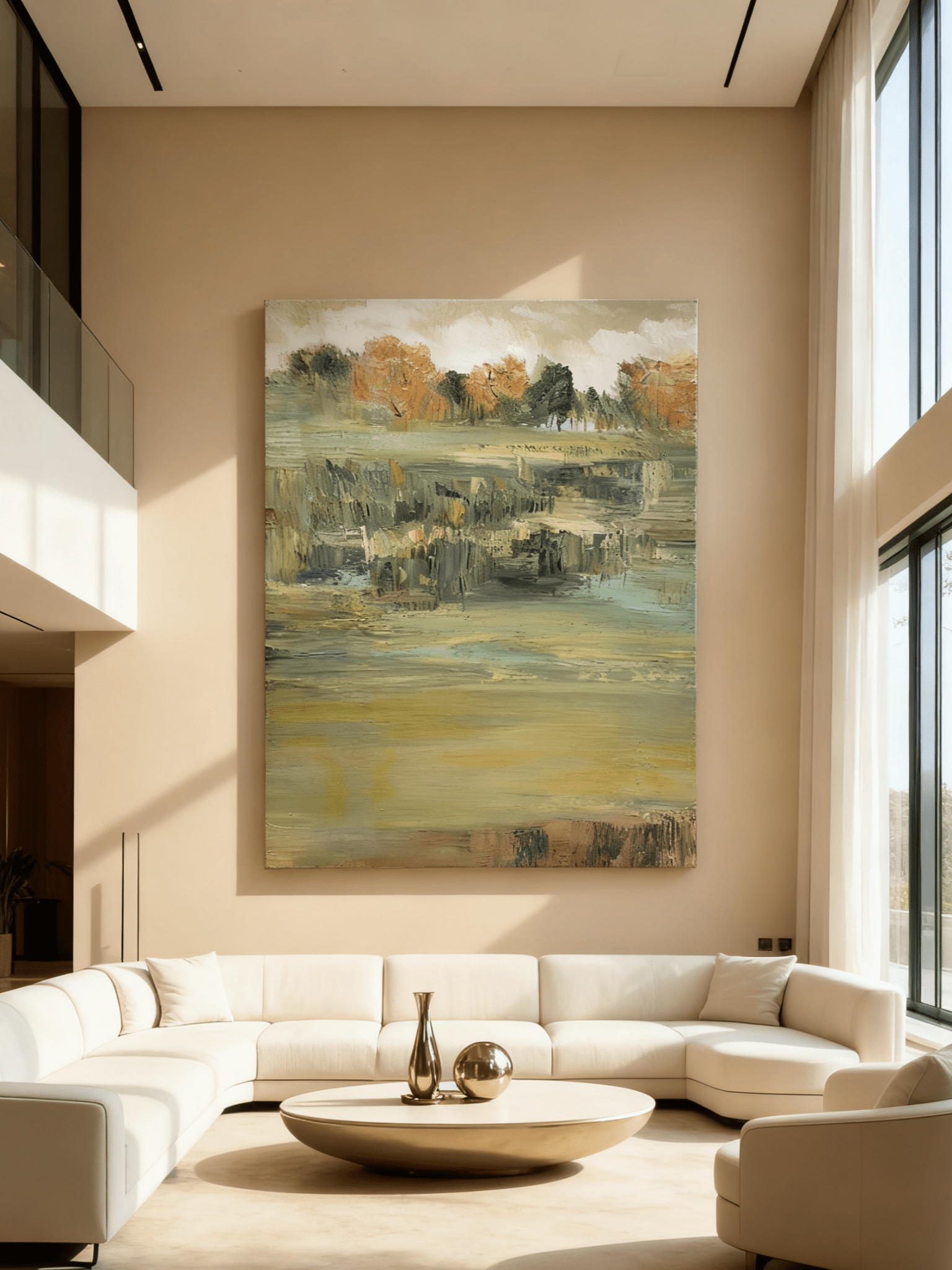 Close-up texture detail showing brushstrokes in abstract lake landscape painting