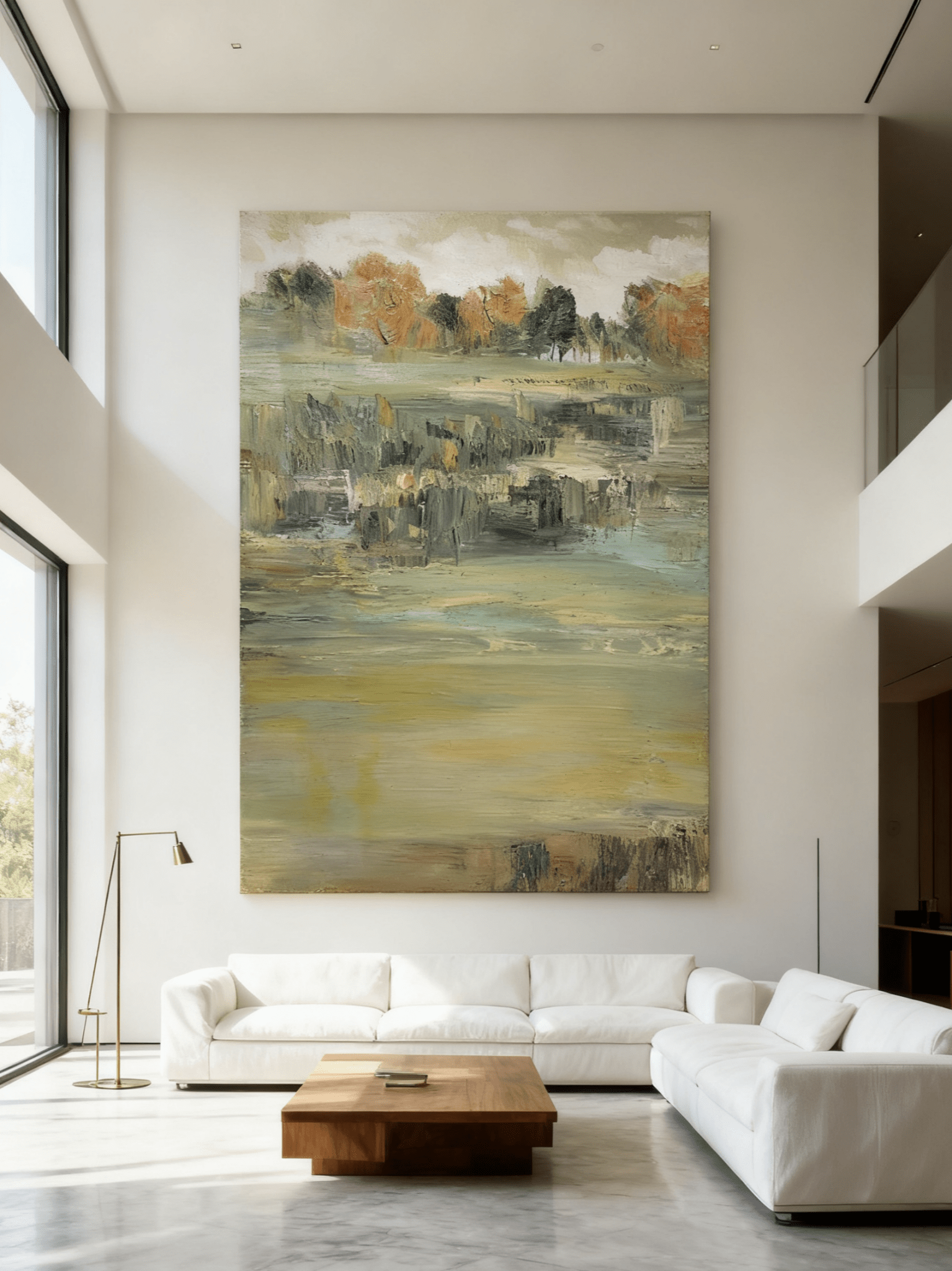 Close-up texture detail showing brushstrokes in abstract lake landscape painting