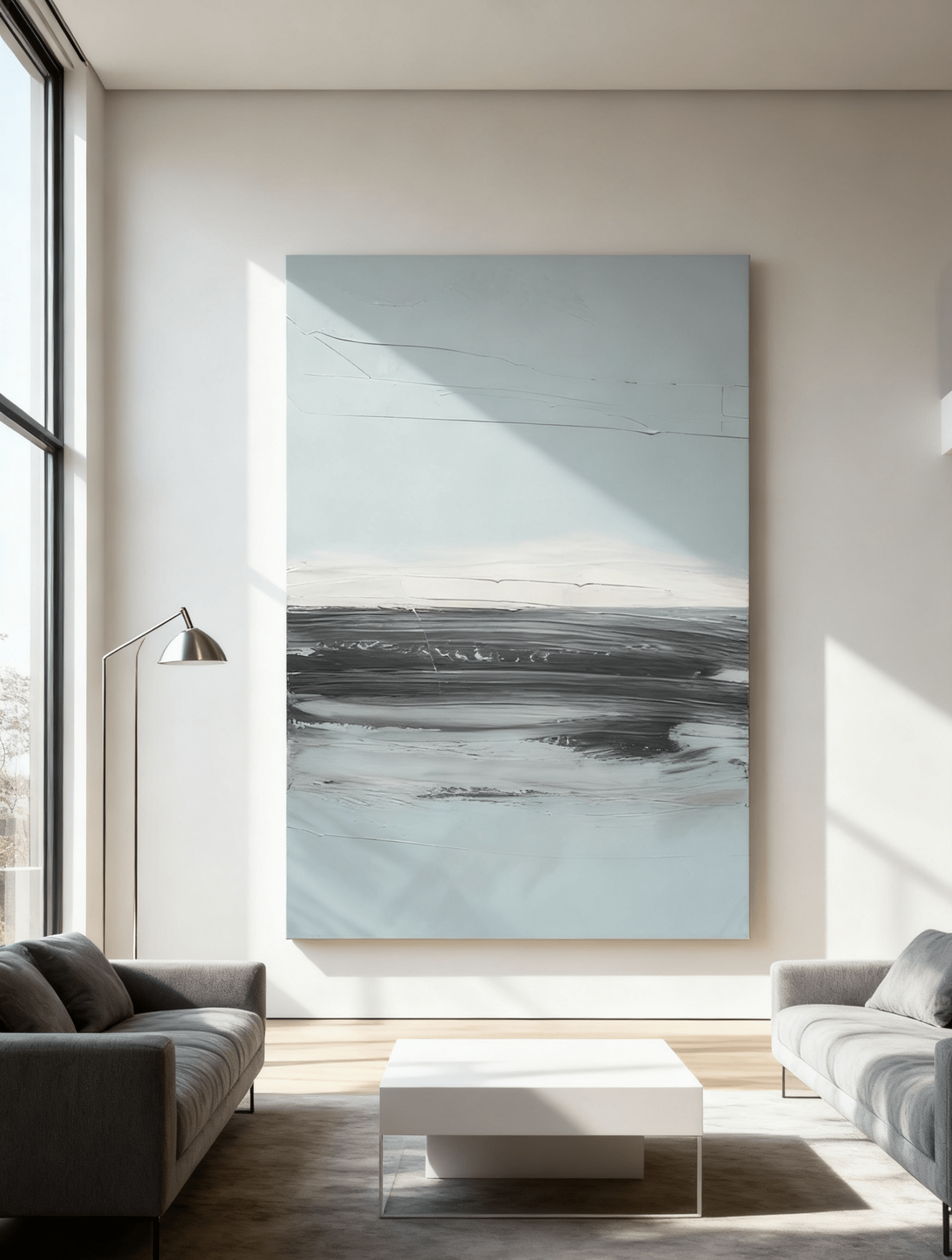 Close-up of textured brushstrokes in abstract black sea painting, showing artist's technique