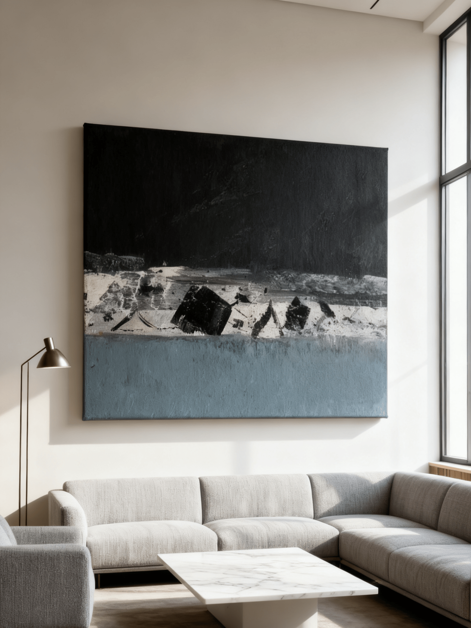 Close-up of textured brushstrokes in abstract winter creek painting, showing artist's technique and color blending