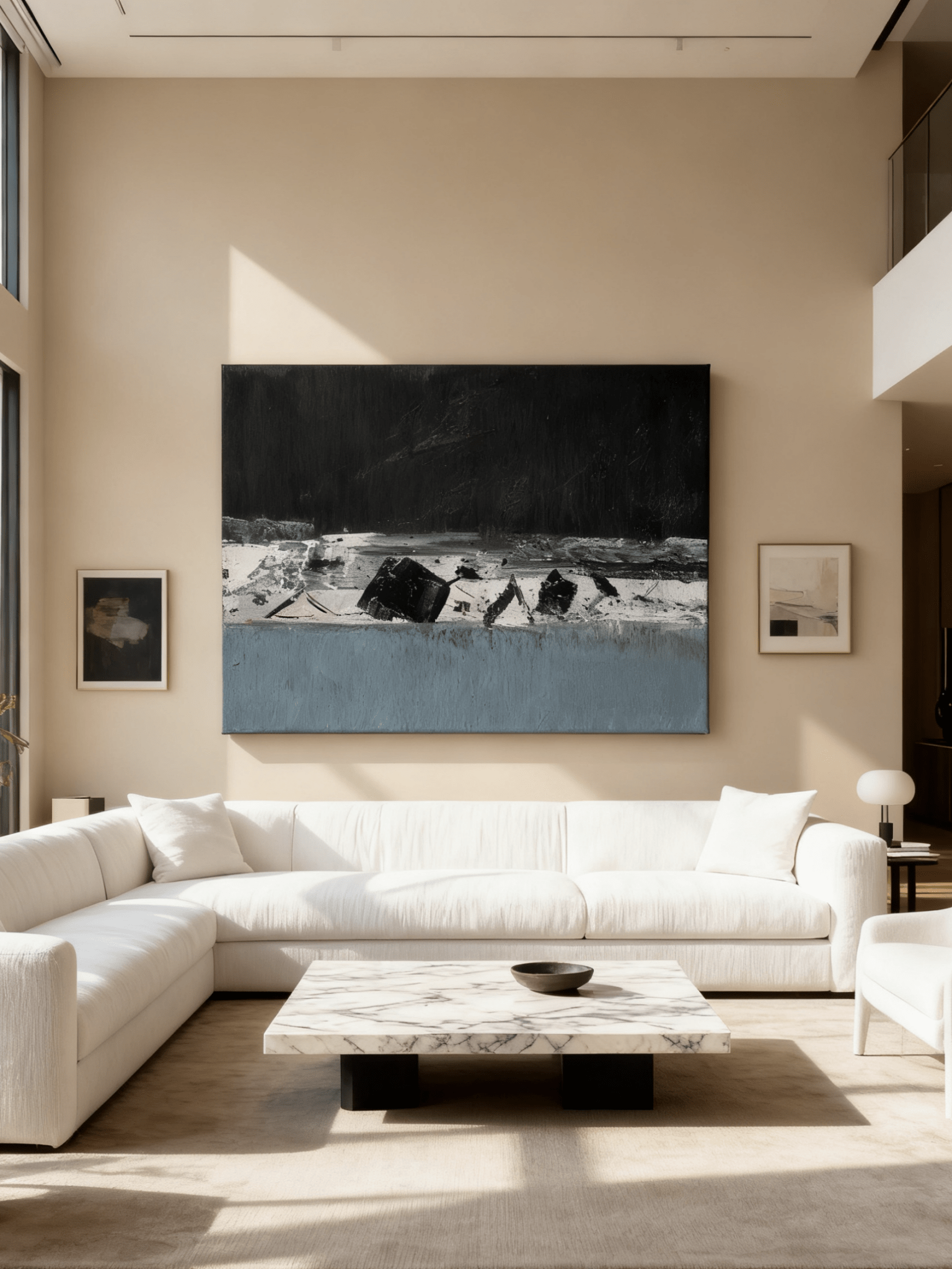 Close-up of textured brushstrokes in abstract winter creek painting, showing artist's technique and color blending