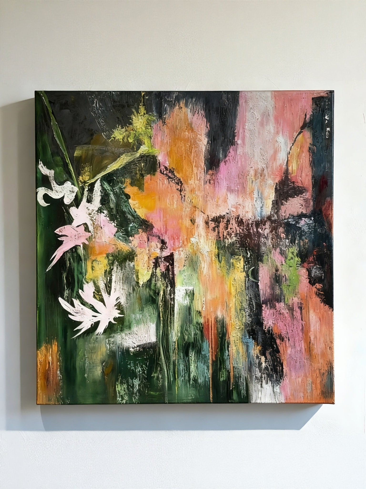 Hand-painted abstract floral oil painting on canvas, modern textured wall art for living room decor.