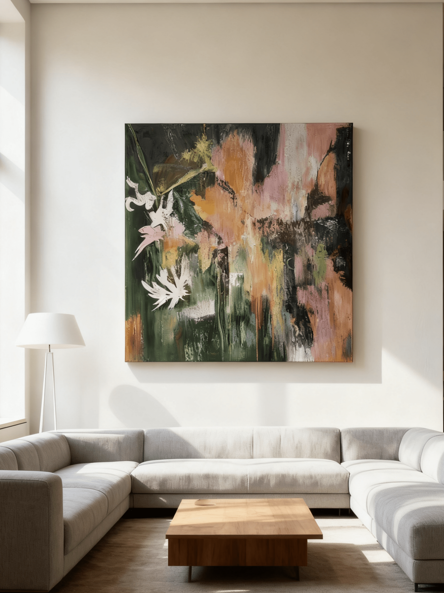 Close-up detail showing thick brushstrokes and texture in an abstract flower painting, WABI wall art.