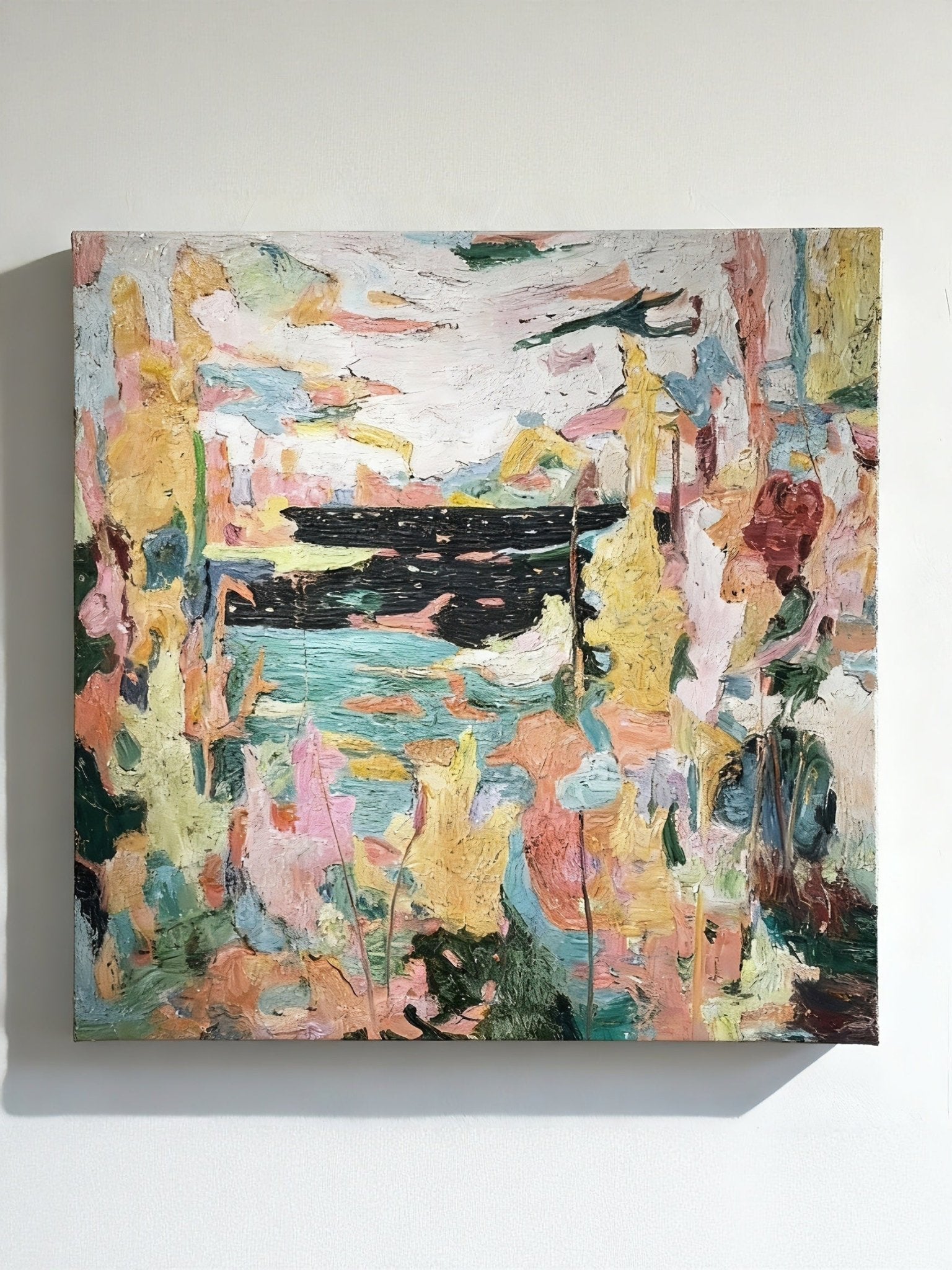 Abstract hand-painted lake landscape with surrounding nature, modern oil painting on canvas for wall decor