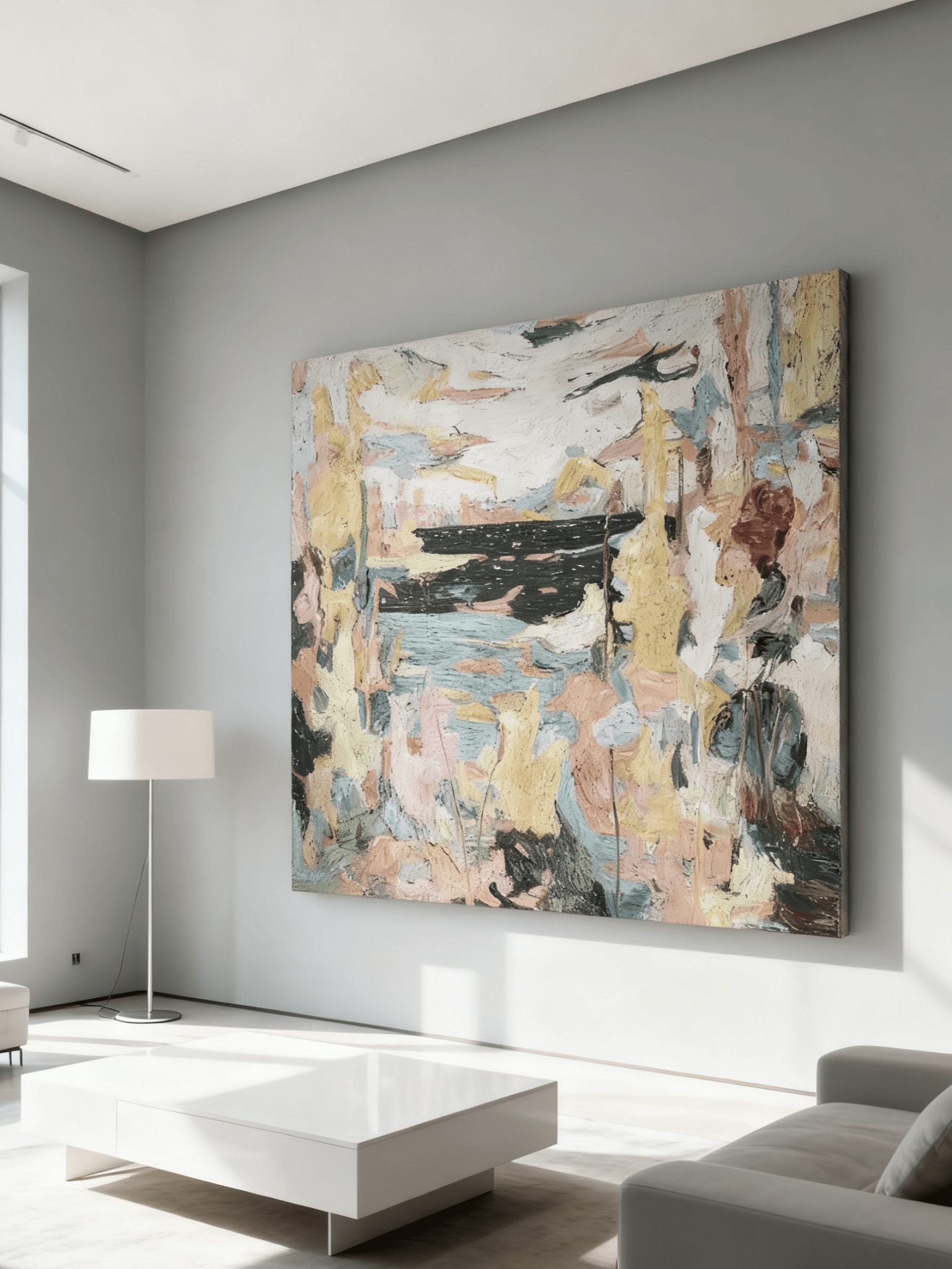 Close-up texture detail showing brushwork in abstract lakeside painting, hand-painted impasto technique