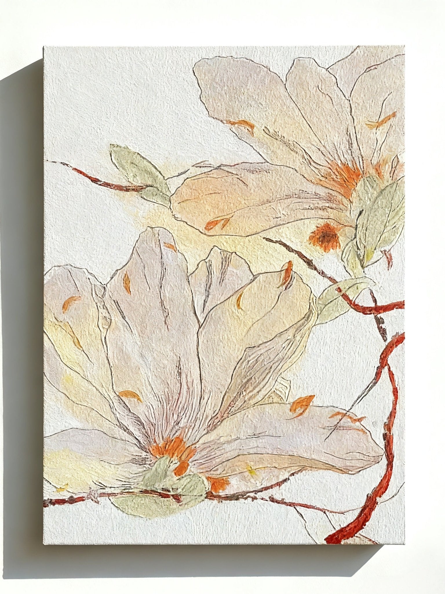 Hand-painted magnolia flower oil painting on canvas featuring two blossoms, modern botanical wall art for living room decor