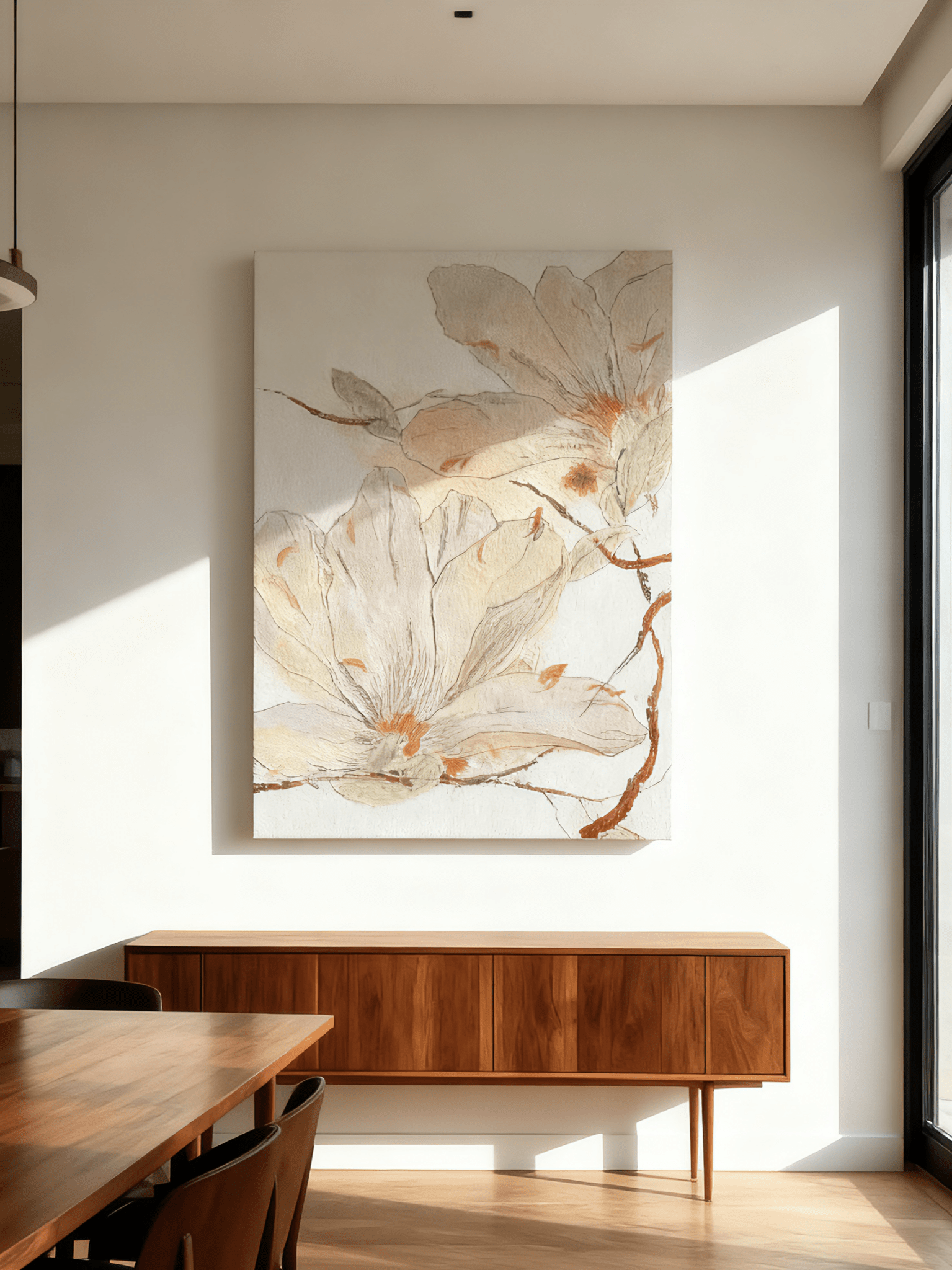 Magnolia flower wall art displayed in contemporary living room, showing botanical painting in modern home interior setting