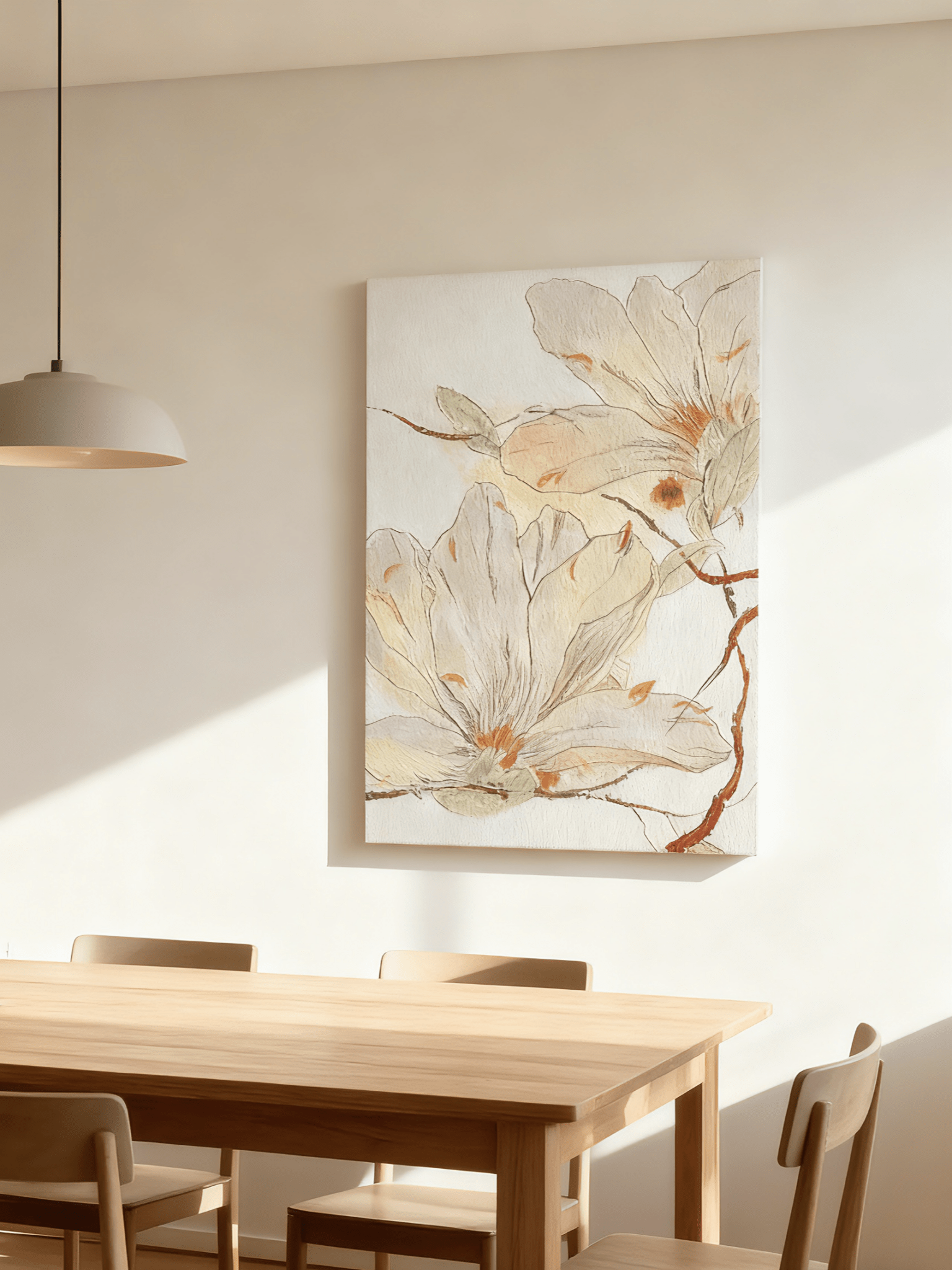 Magnolia flower wall art displayed in contemporary living room, showing botanical painting in modern home interior setting