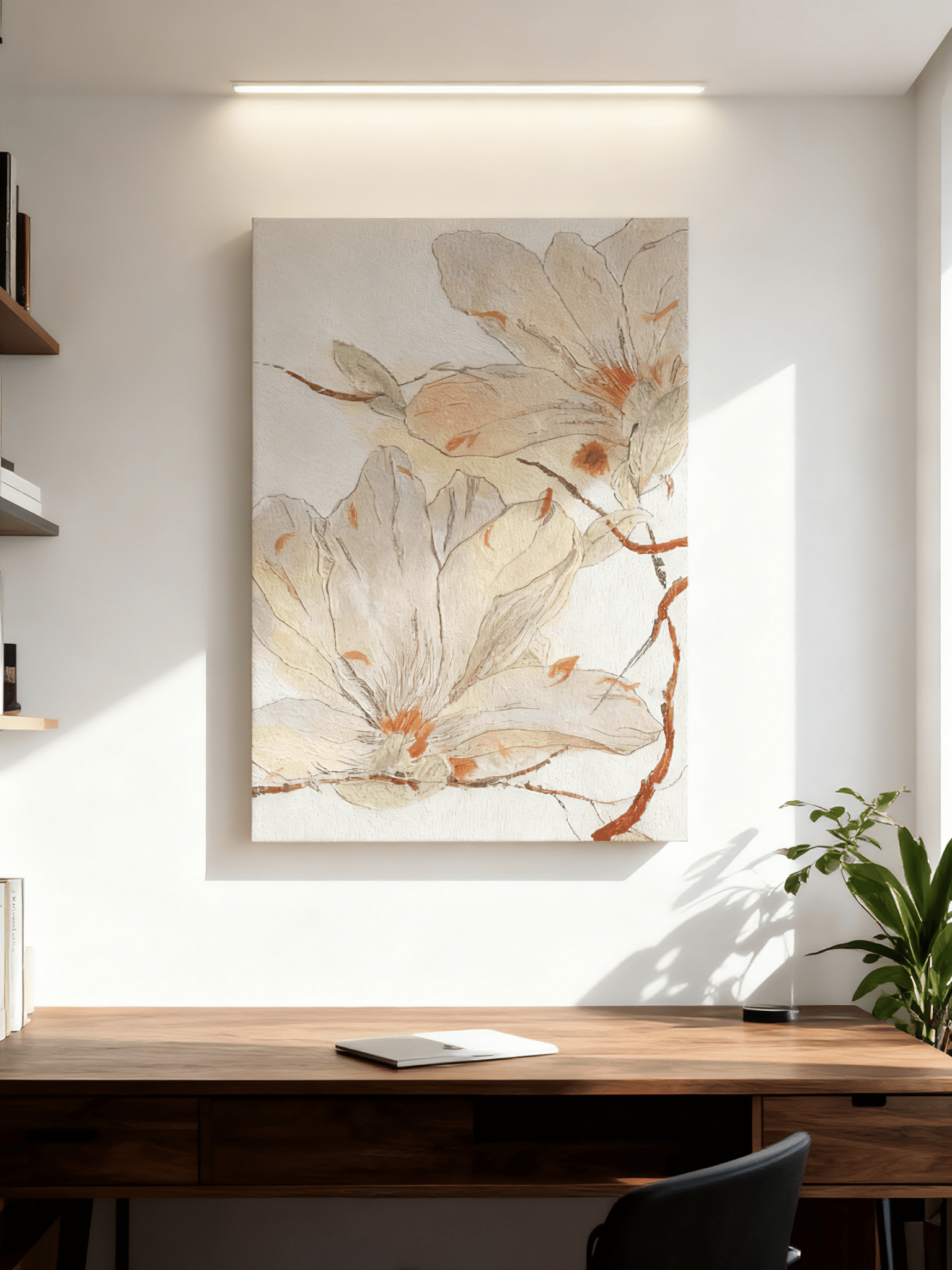 Magnolia flower wall art displayed in contemporary living room, showing botanical painting in modern home interior setting