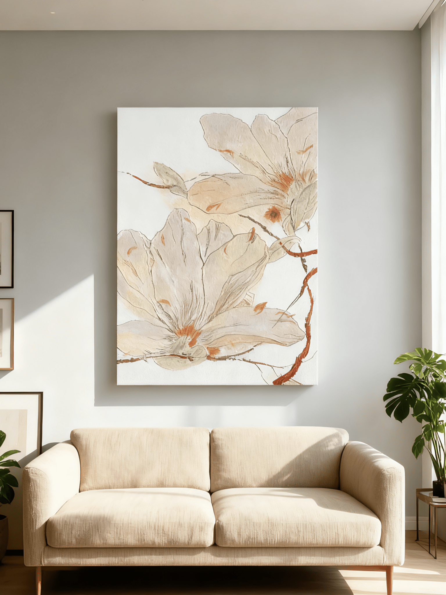 Magnolia flower wall art displayed in contemporary living room, showing botanical painting in modern home interior setting