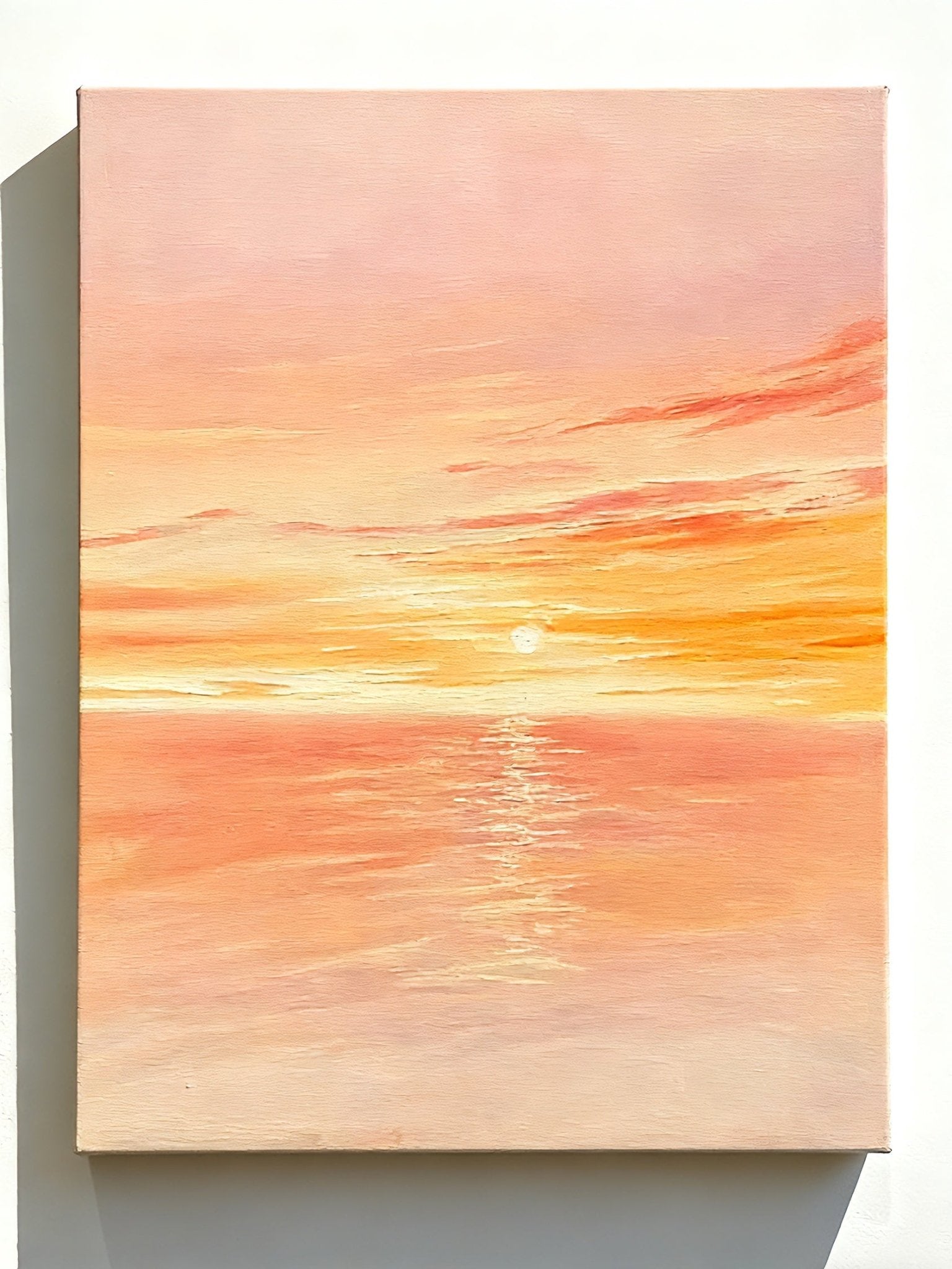 Hand-painted ocean sunset seascape with vibrant colors on pure color background, textured canvas wall art for living room