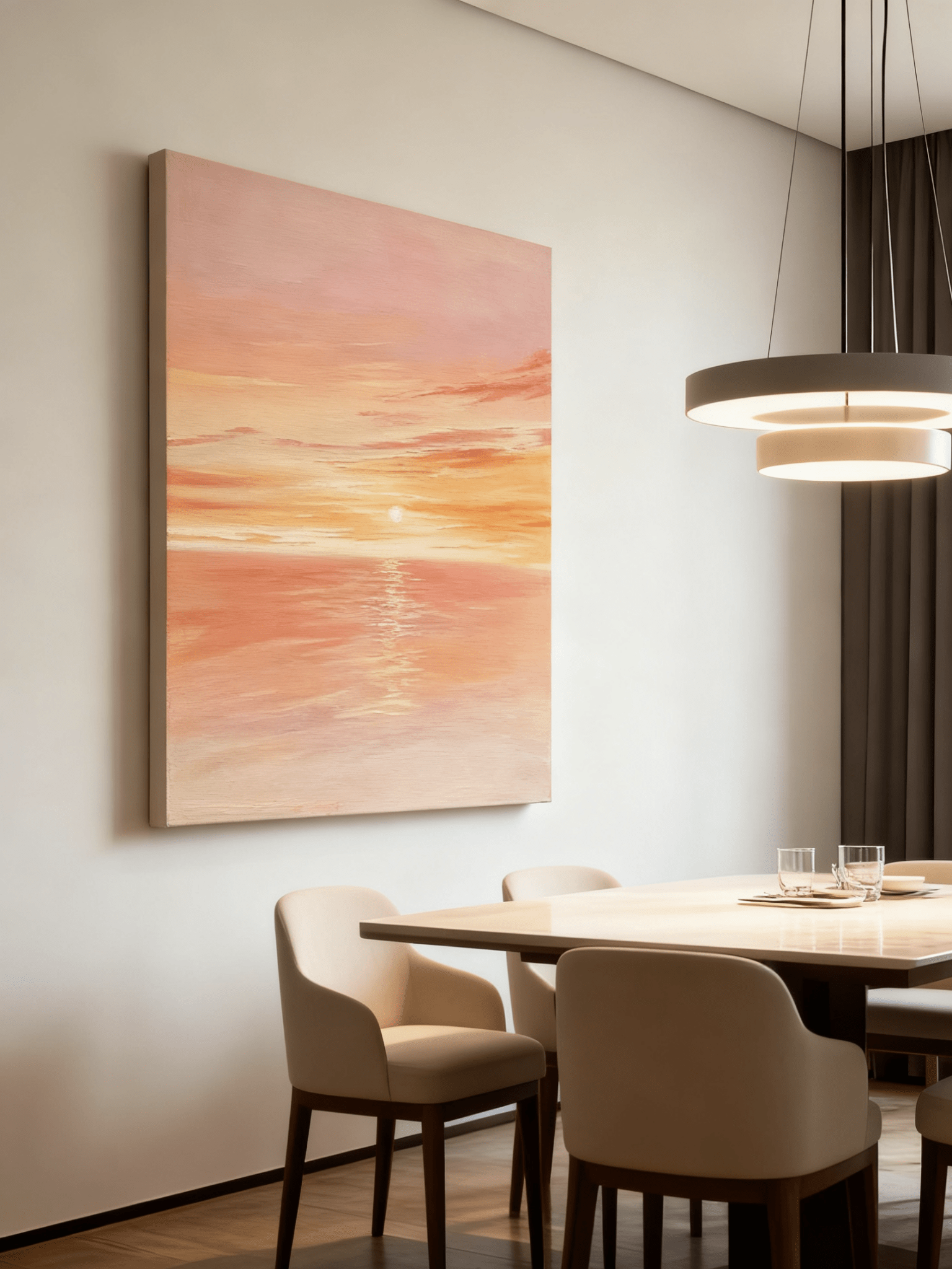 Sunset seascape painting displayed in modern living room, showing coastal wall art in home decor setting