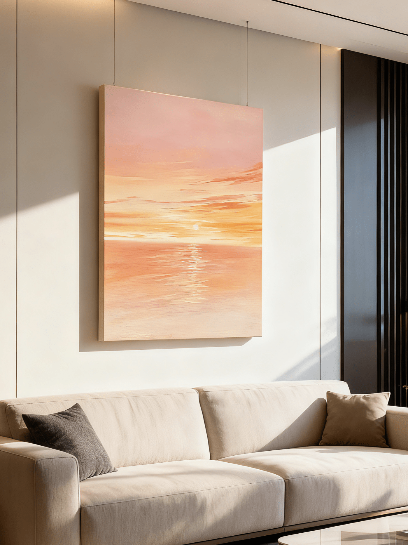 Sunset seascape painting displayed in modern living room, showing coastal wall art in home decor setting