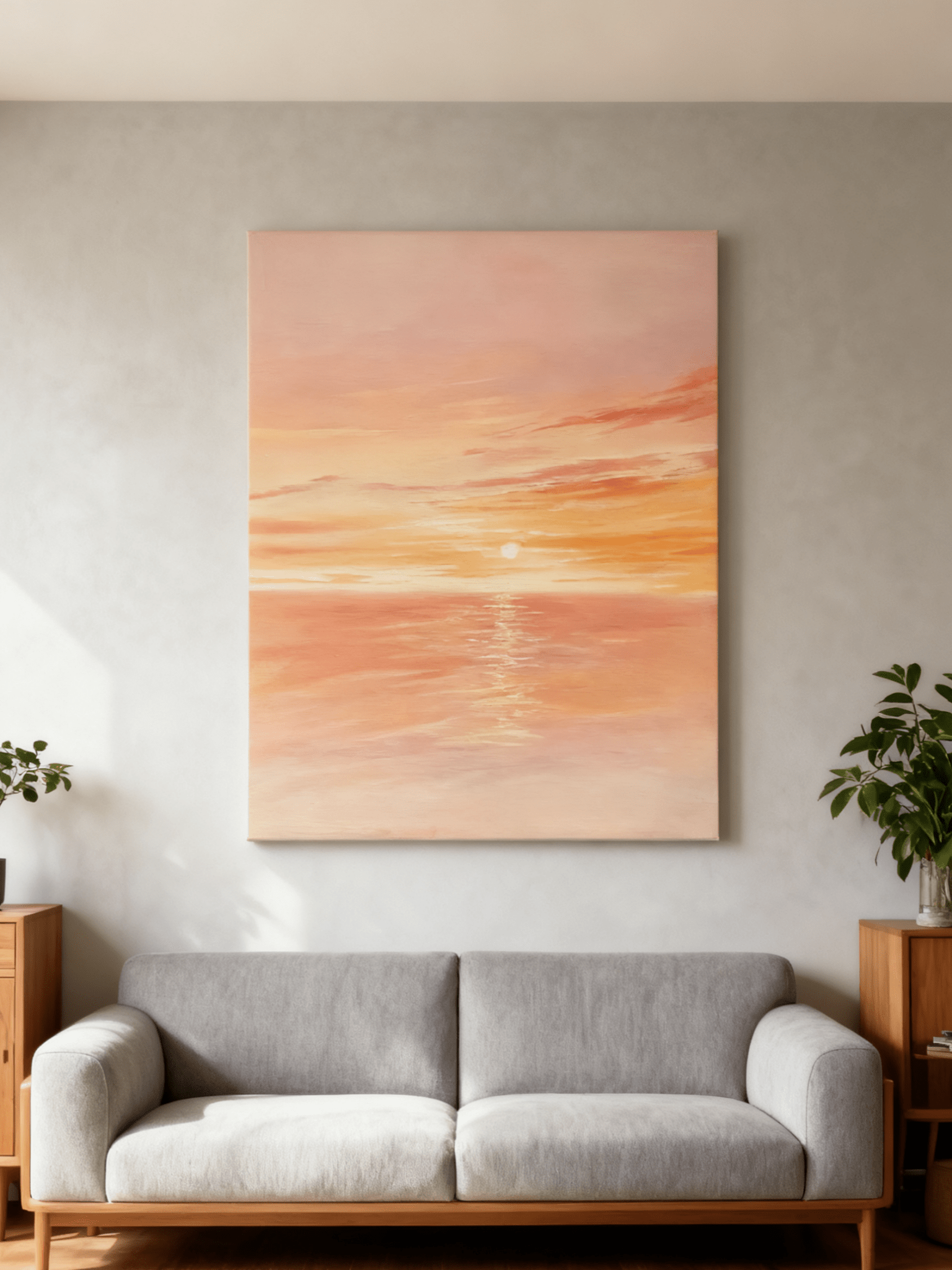 Sunset seascape painting displayed in modern living room, showing coastal wall art in home decor setting
