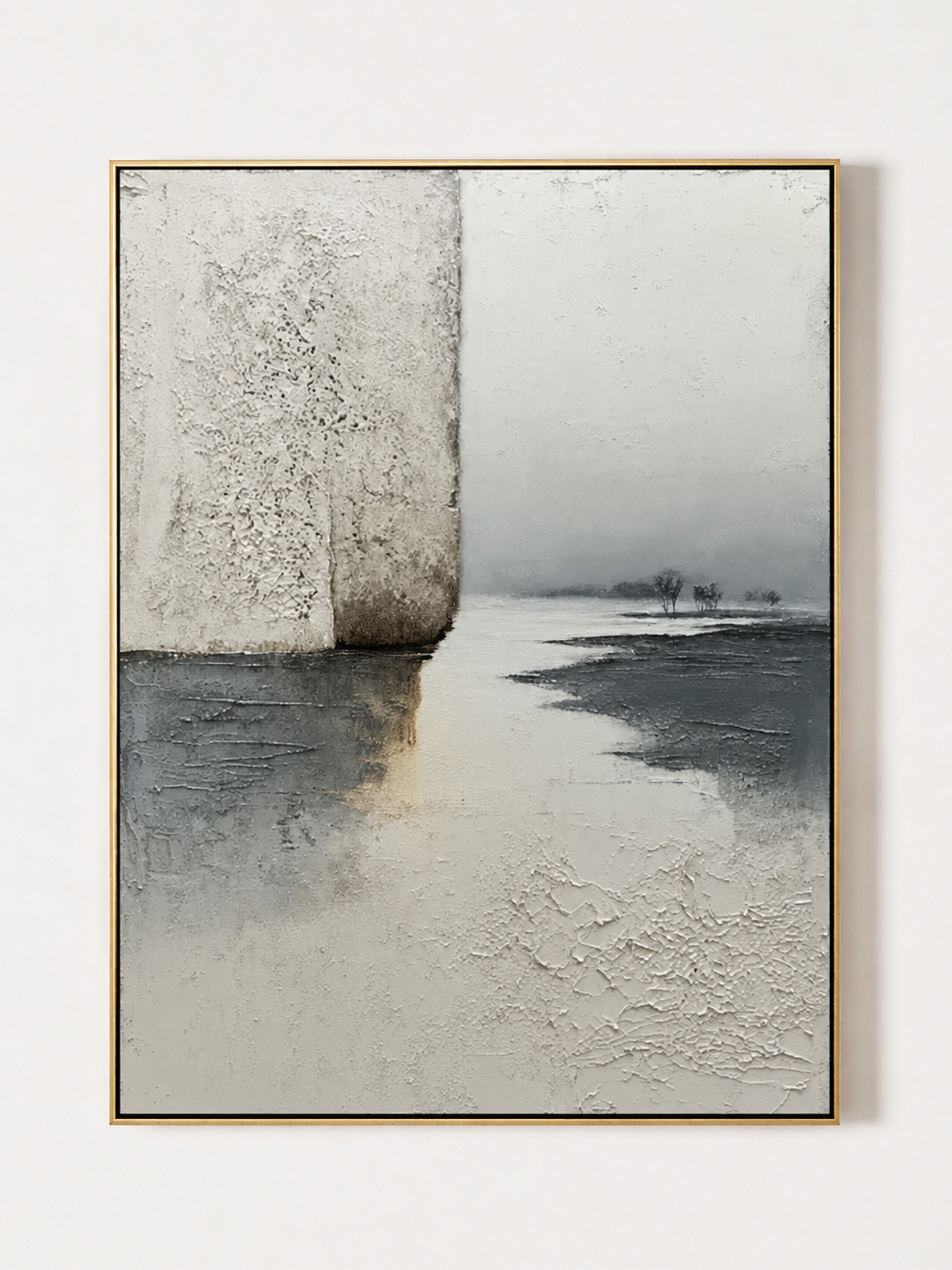 Hand painted wabi sabi textured landscape wall art with neutral misty lake horizon by Evelyn Li