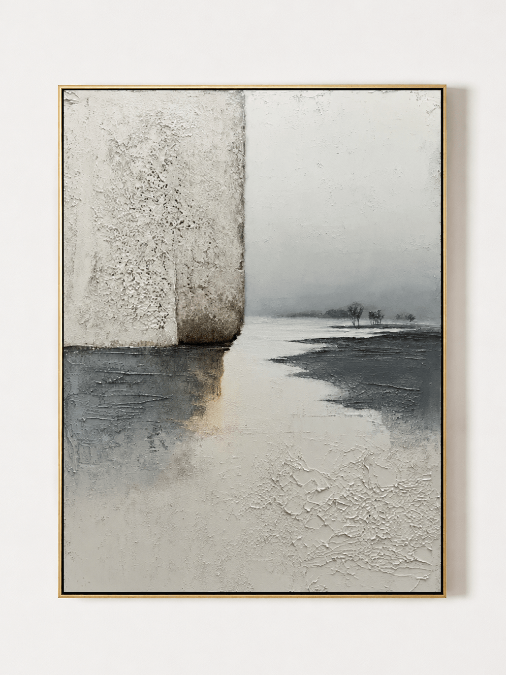 Hand painted wabi sabi textured landscape wall art with neutral misty lake horizon by Evelyn Li