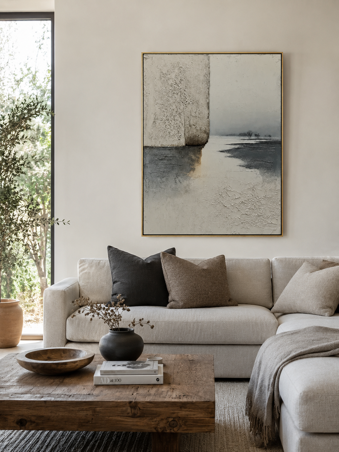 Modern textured landscape wall art with grey misty lake and neutral abstract details